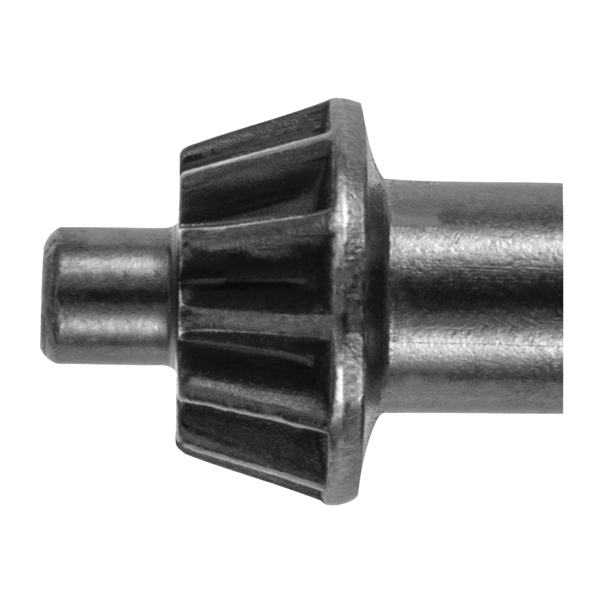 Närbild på en Meec Tools chuck key. Kugghjulständerna är synliga i mittsektionen och axeln sträcker sig åt höger.