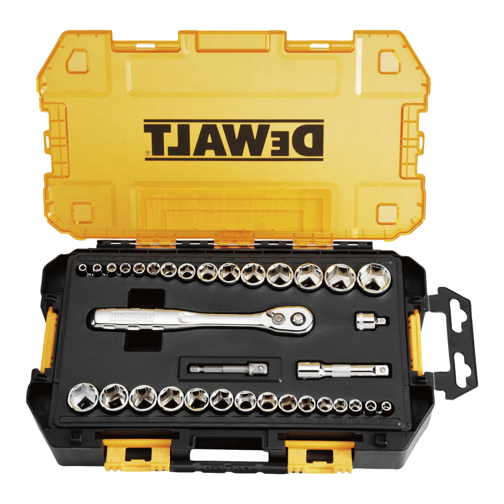 Ett 34-delat DeWalt-hylsnyckelset visade i ett gult och svart plastfodral, med spärrhjul, hylsförlängning, adapter och hylsor prydligt arrangerade i gjutna spår.