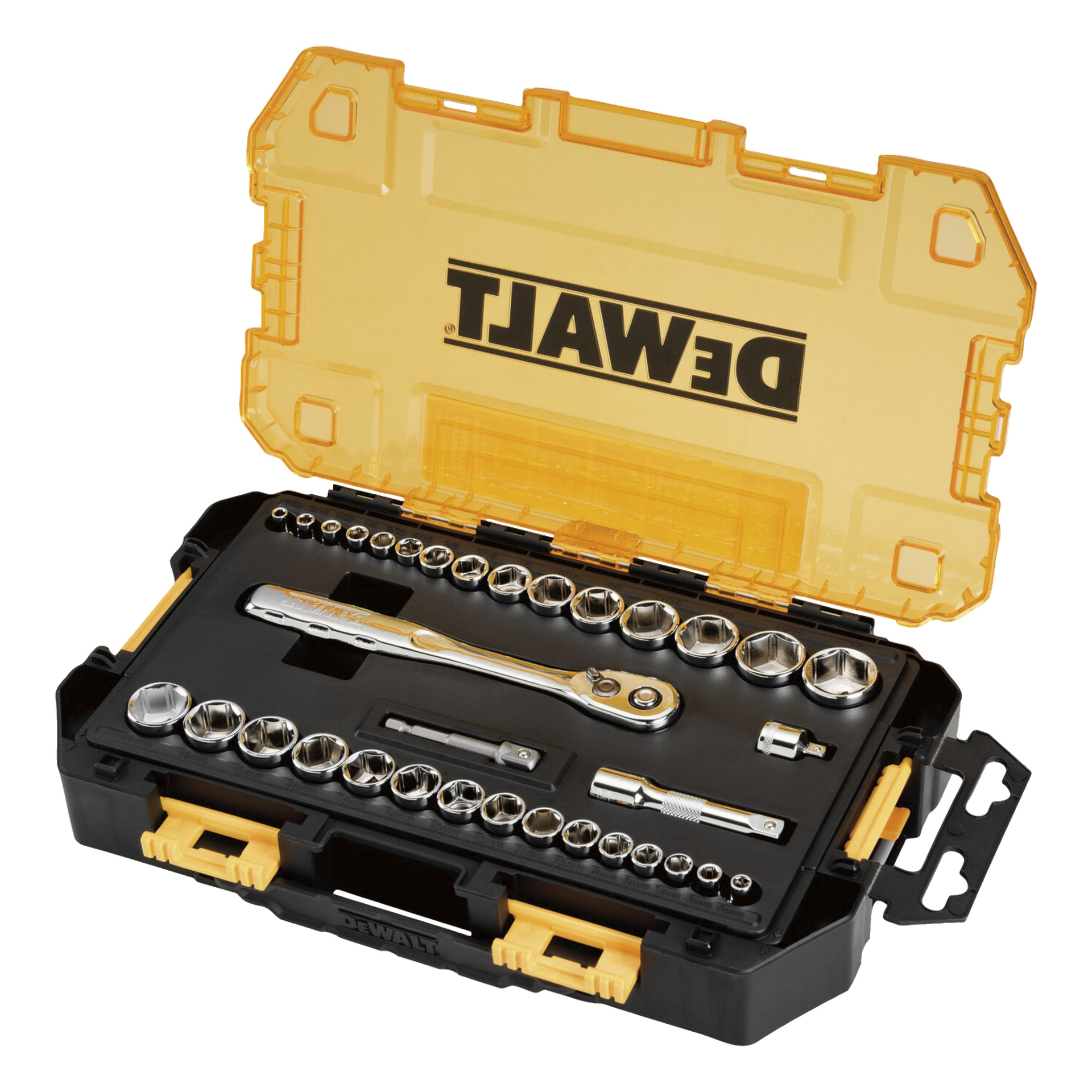 Ett DeWalt hylsnyckelset med 34 delar arrangerat i ett öppet svart och gult fodral, med en spärrnyckel, flera hylsstorlekar, en förlängningsstång och en adapter, var och en förvarad i sina specifika fack.