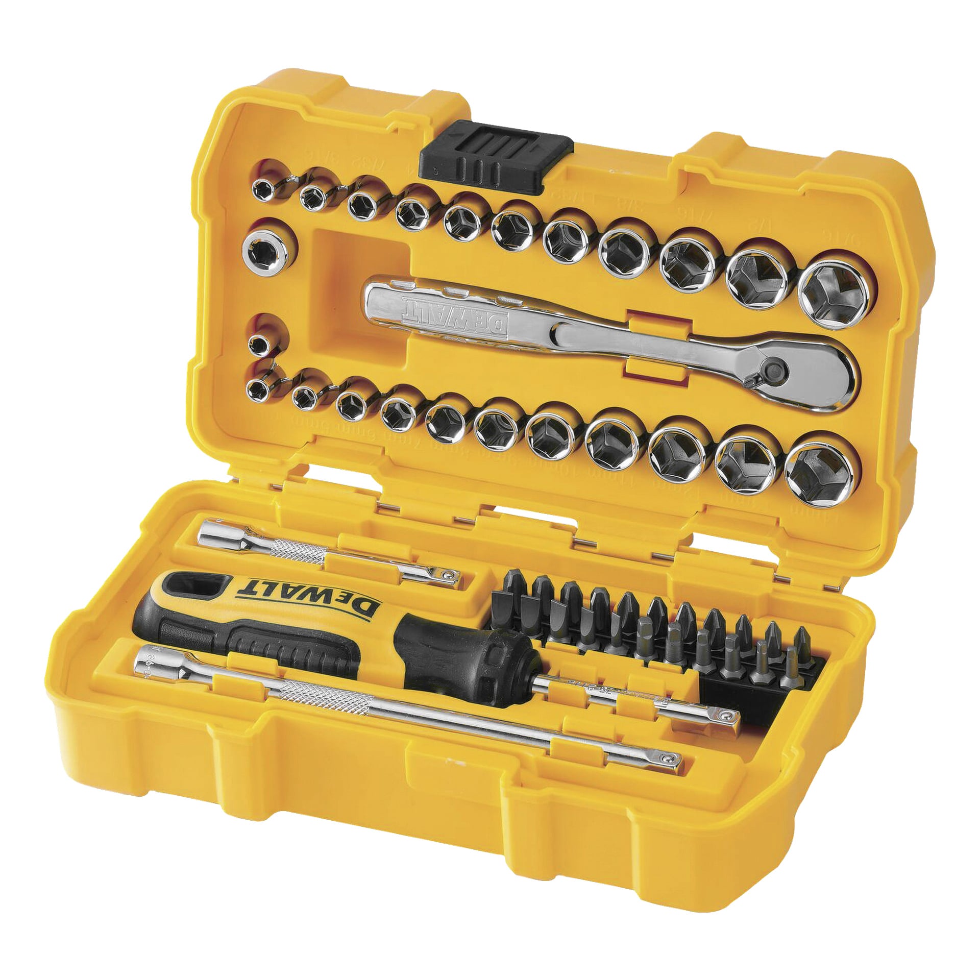 Ett gult DeWalt Box Spanner Set DWMT81610-0 innehållande 50 olika verktyg, såsom spärrhjul, flera hylsor med flera hylsor, skruvmejsel med utbytbara bitar, förlängningsstänger och andra komponenter, allt prydligt arrangerat i specialgjutna fack.