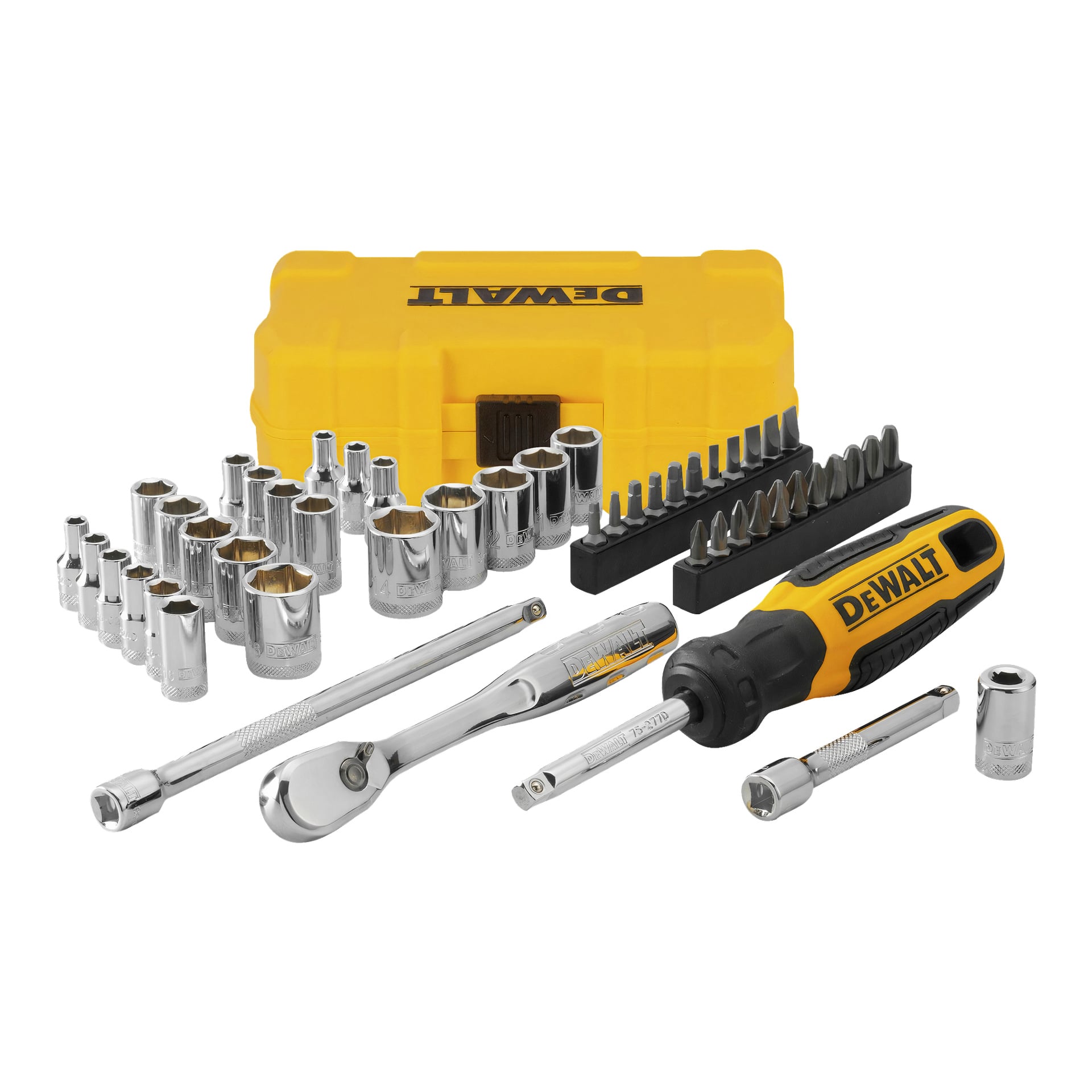 DeWalt Box Spanner Set DWMT81610-0 innehåller 50 delar, utställda i en gul bärväska. Setet innehåller en spärrnyckel, skruvmejselhandtag, flera kromhylsor, hylsförlängare och en rad skruvmejselbitar. Alla verktyg är prydligt placerade runt fodralet.