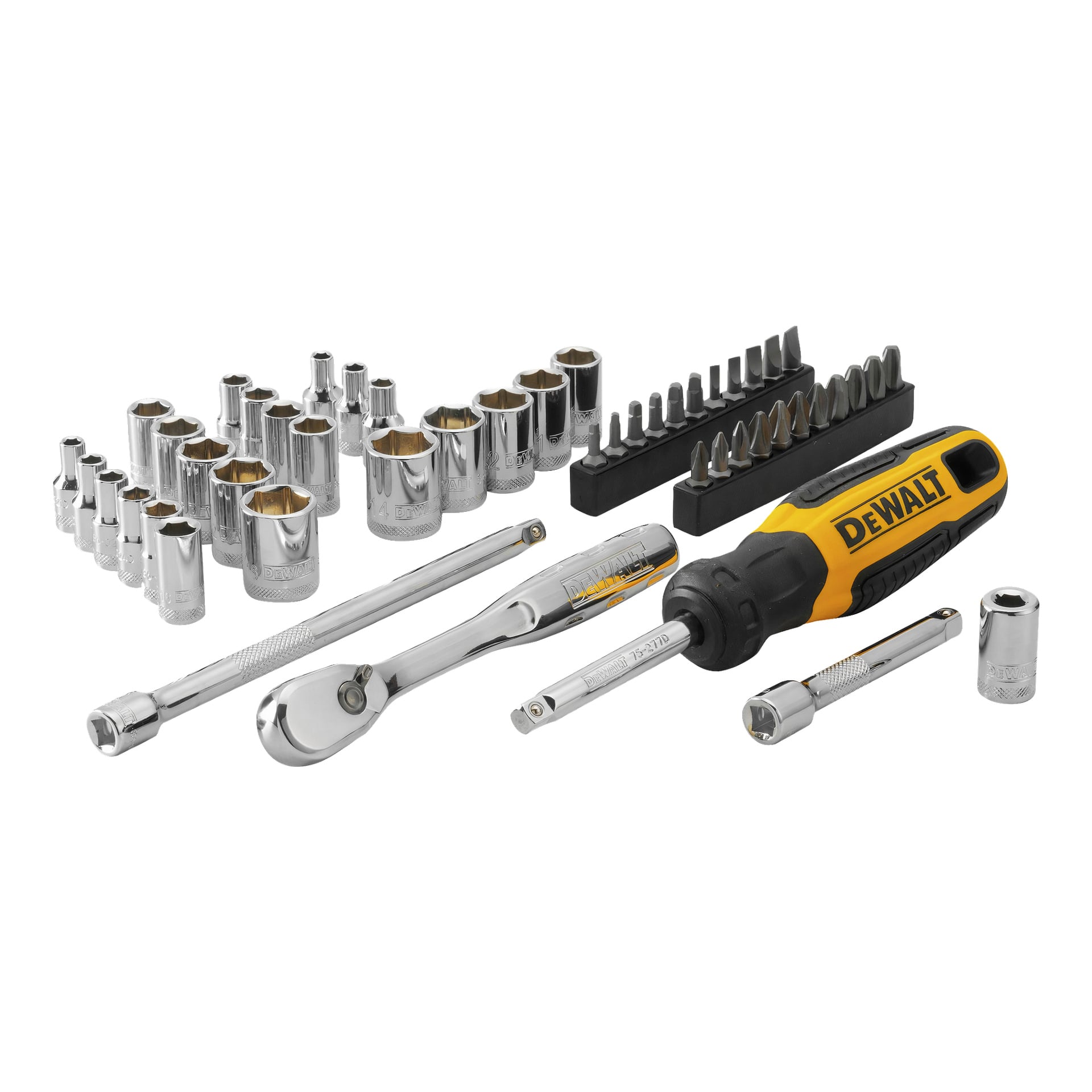 DeWalt Box Spanner Set DWMT81610-0 är ett kit med 50 delar som inkluderar en gul och svart skruvmejsel, hylsnyckel, förlängningsstänger, flera kromhylsor och olika skruvmejselbitar, allt organiserat prydligt.