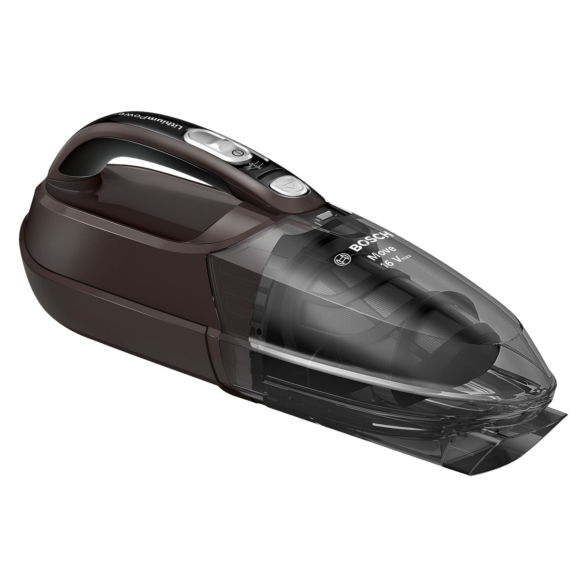 En sladdlös svart Bosch Home Handheld dammsugare BHN16L har en transparent dammbehållare och en strömbrytare på toppen.