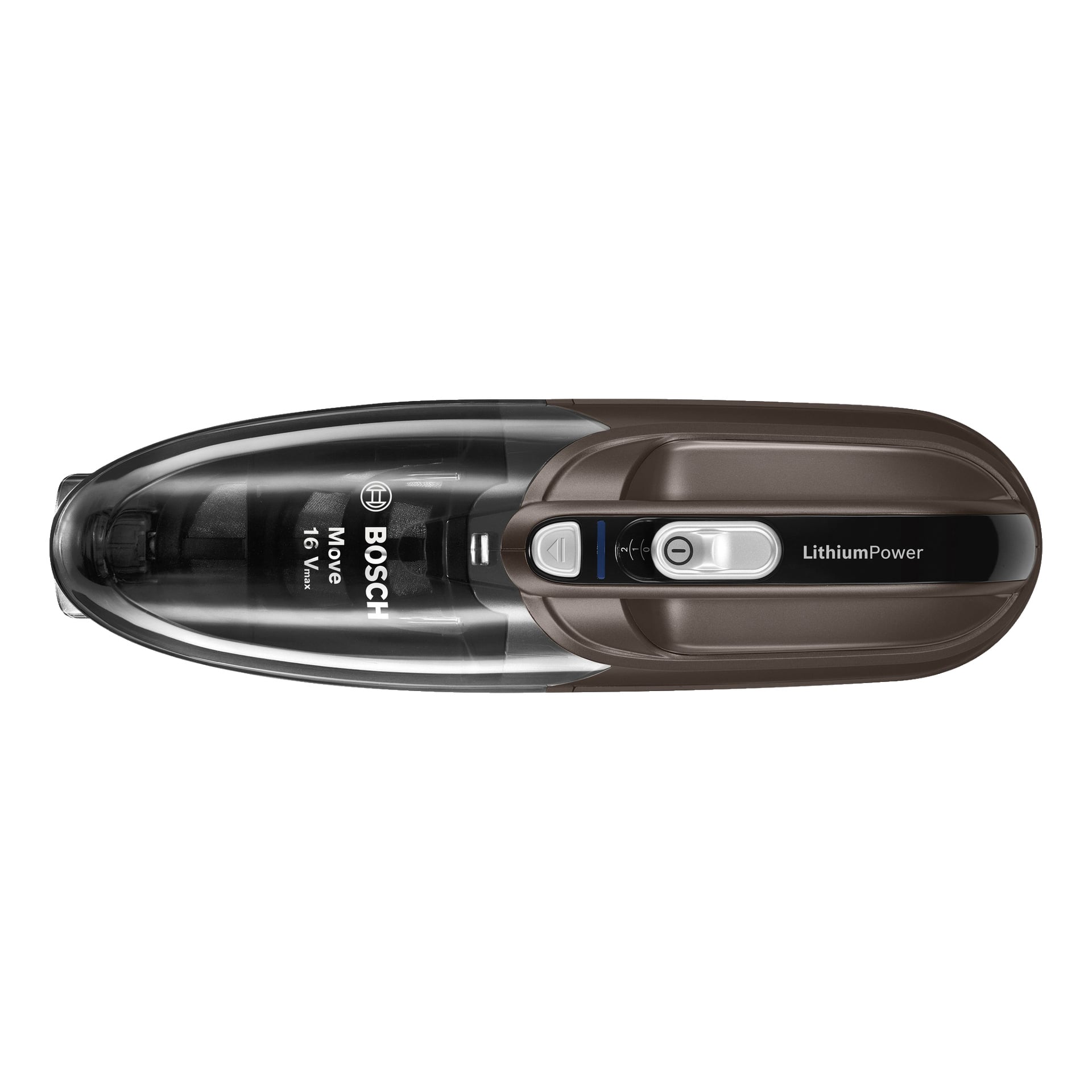 Bosch Home Handheld dammsugare BHN16L, i brunt och svart, ses uppifrån och visar sin Lithium Power-etikett, tydligt synlig strömbrytare och transparenta dammfack.