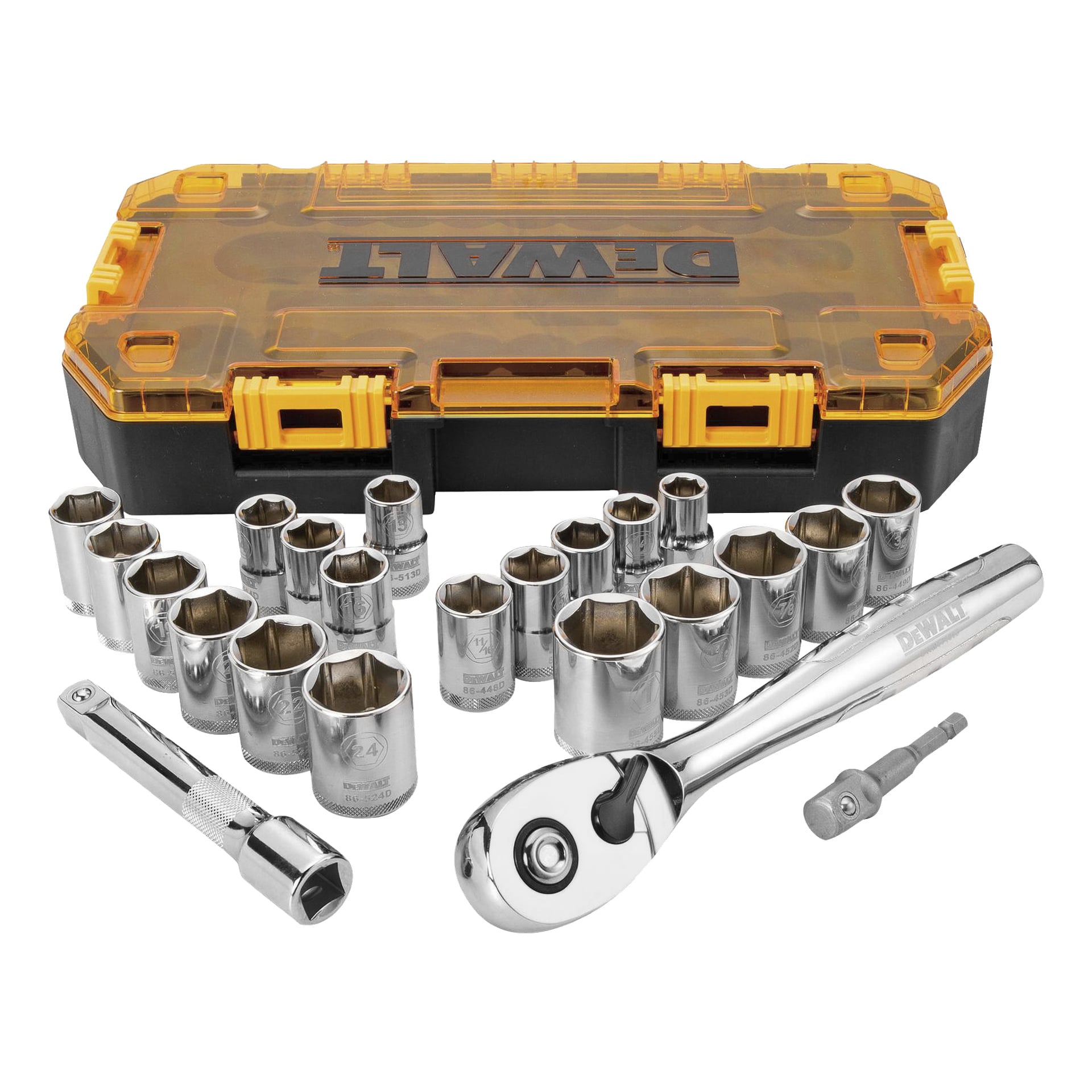 Ett DeWalt-boxskiftnyckelset med 23 delar visades i ett gult och svart fodral, inklusive olika hylsstorlekar, en spärrnyckel, en förlängningsstång och en adapter.