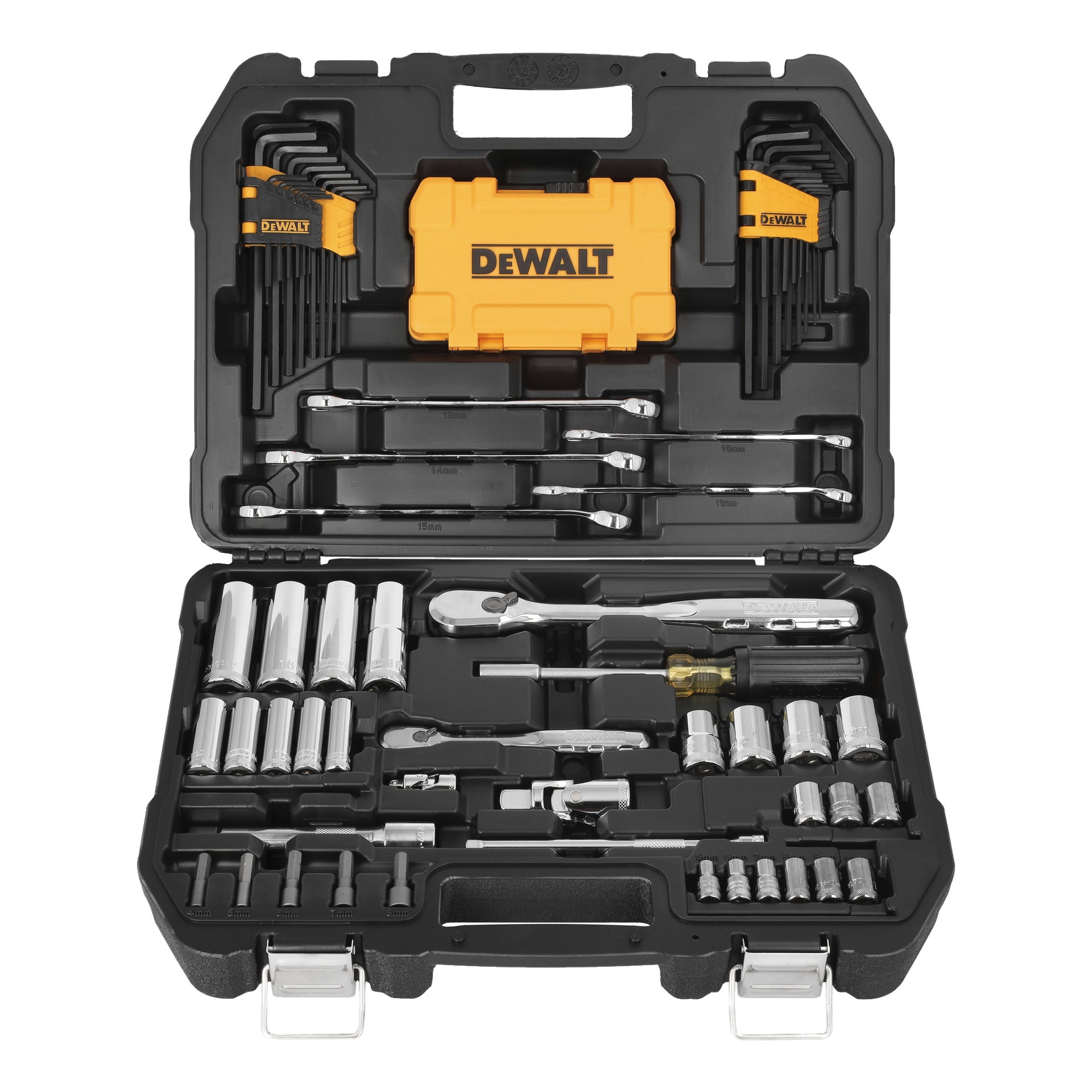 Ett öppet svart DeWalt-paket med 89 delar visar upp prydligt organiserade handverktyg, såsom hylsor, skiftnycklar, insexnycklar, spärror och skruvmejselbitar i sina gjutna spår.