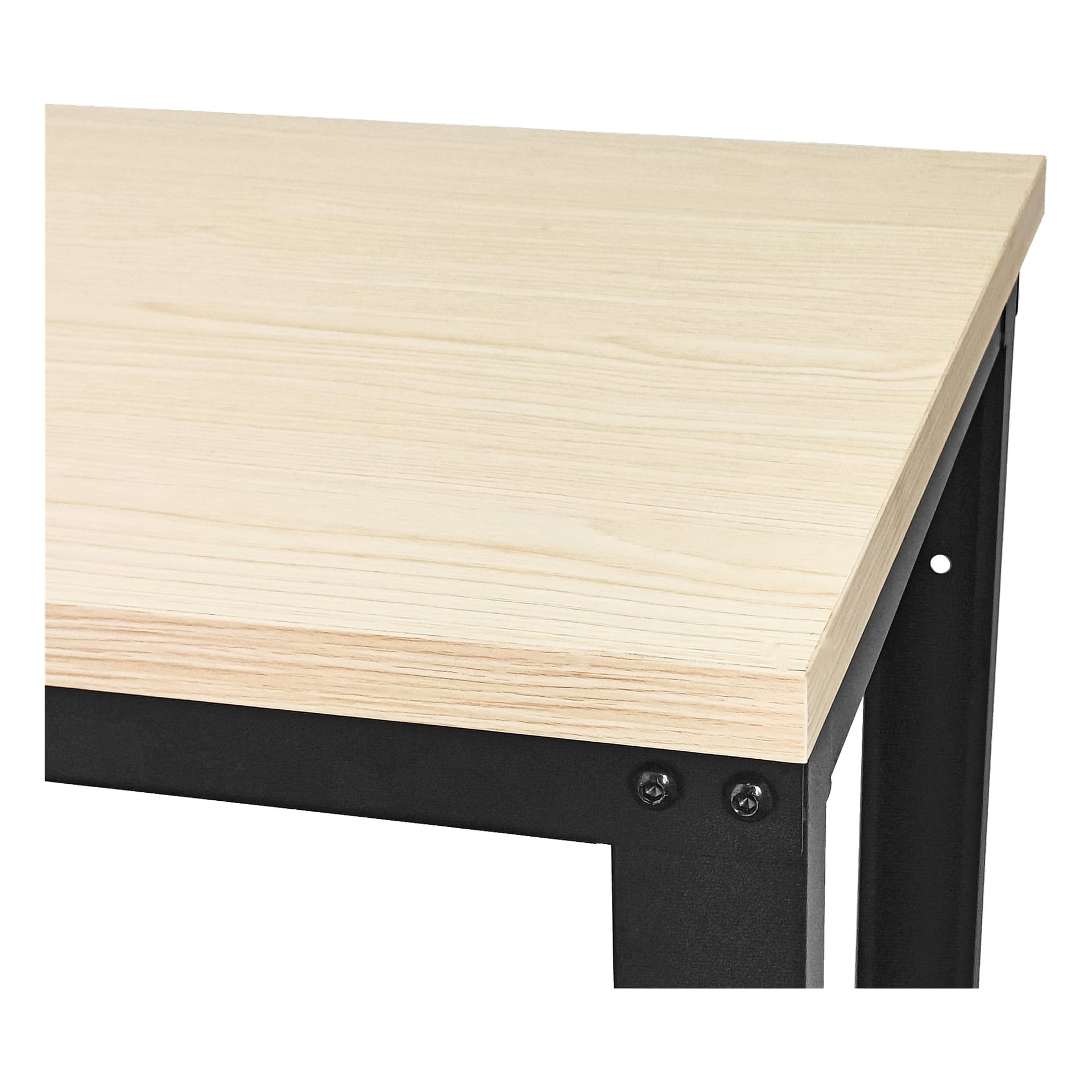 Detaljerad vy av ett hörn av Hard Head Workbench, som visar den ljusa träskivan och den stadiga svarta metallramen med synliga bultar och en del av benet.