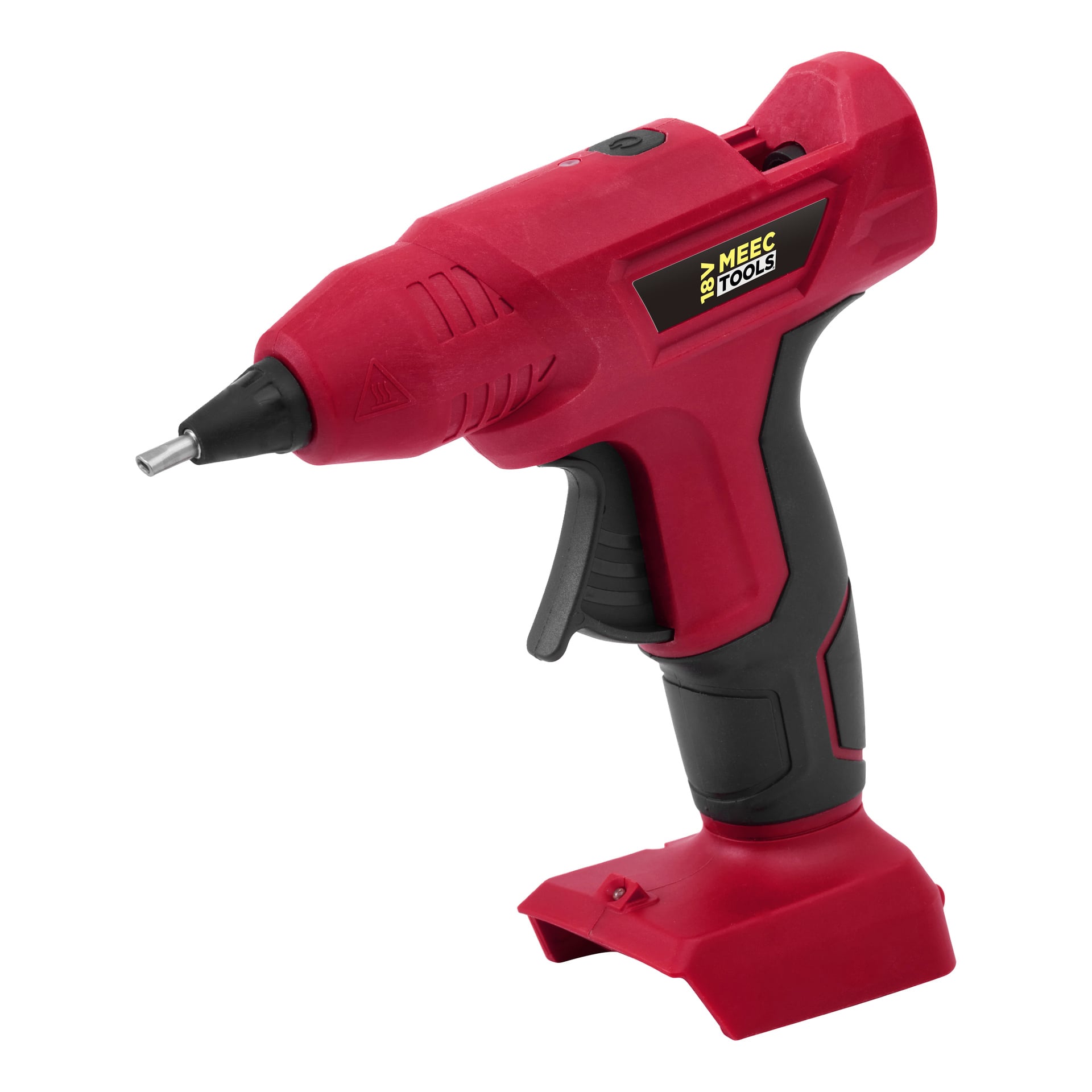 En röd och svart sladdlös limpistol med avtryckarhandtag, med etiketten "Meec Tools Multiseries" på sidan. Identifierad som GG 18V-HOME 500-modellen, har den en platt bas och drivs av batteri (batteriet säljs separat).