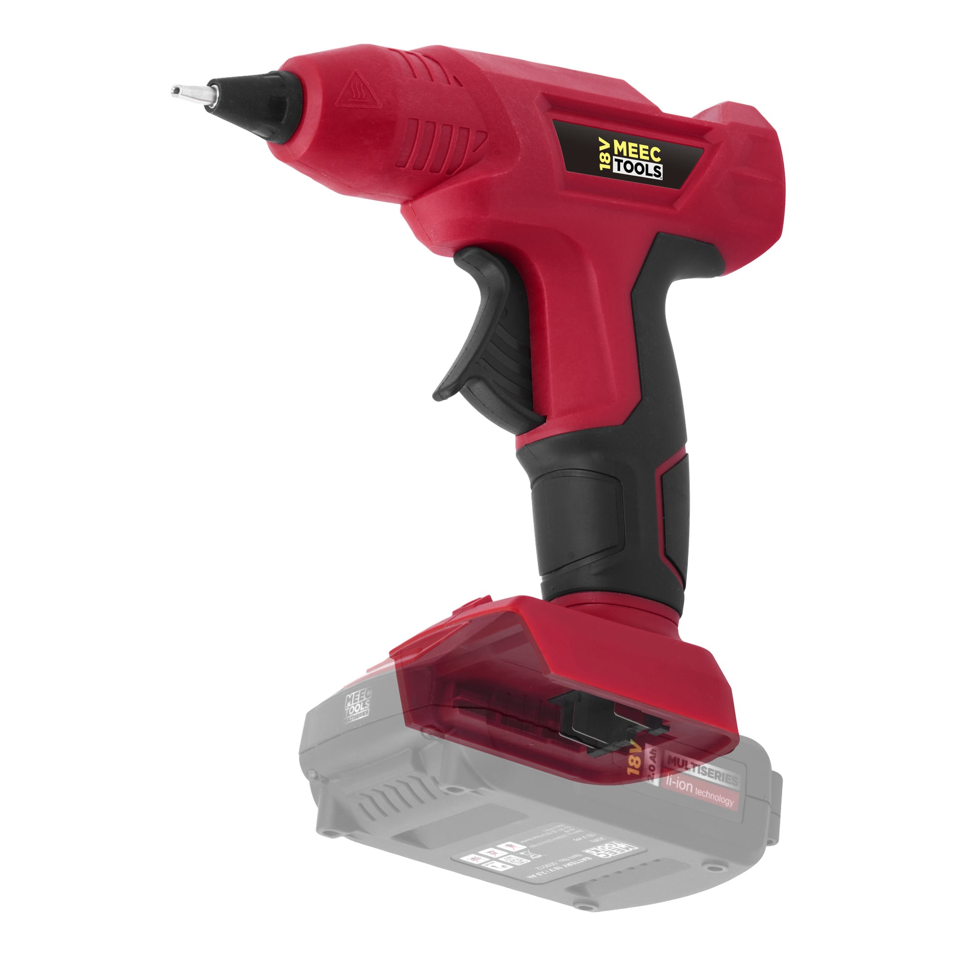 En röd och svart sladdlös limpistol med etiketten Meec Tools Multiseries GG 18V-HOME 500, avbildad utan batteri på.
