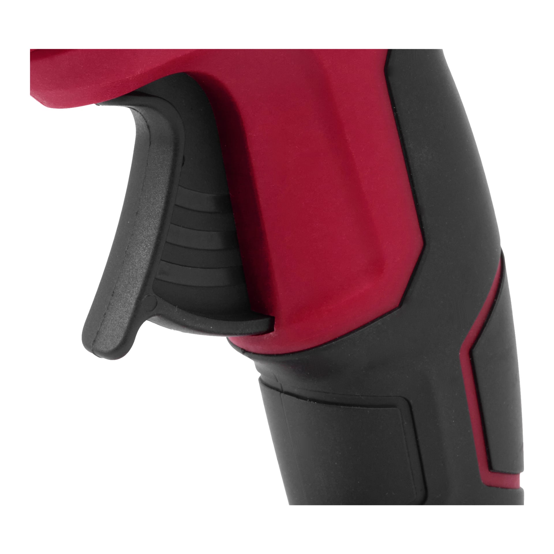 Detaljerad närbild av Meec Tools Multiseries trådlösa limpistol GG 18V-HOME 500, som visar dess ergonomiska form, texturerade grepp och karakteristiska röda och svarta handtag med svart avtryckare.