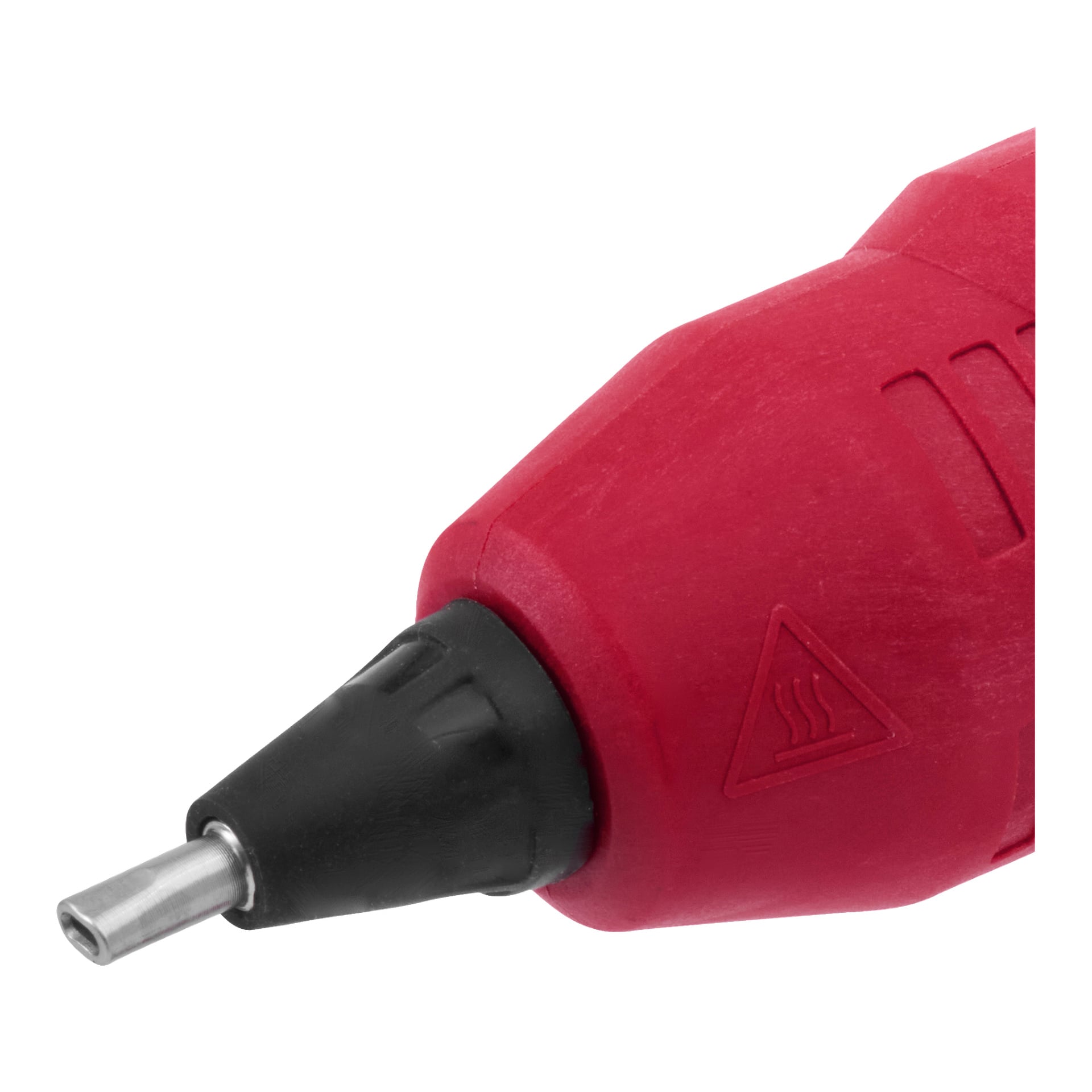 Närbild av en röd och svart Meec Tools Multiseries Cordless Glue Gun GG 18V-HOME 500, med fokus på munstycket och en del av huvudkroppen där en värmevarningssymbol visas.