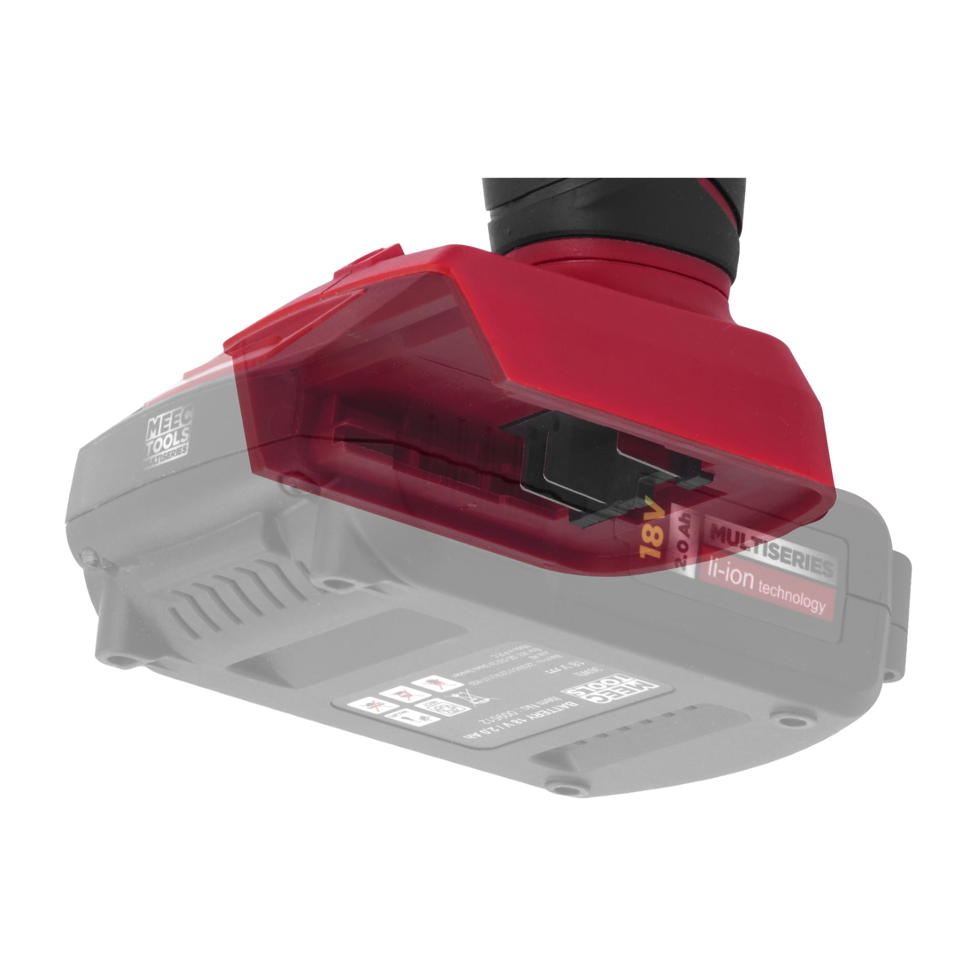 Detaljerad närbild av en röd och svart Meec Tools Multiseries Cordless limpistol GG 18V-HOME 500, som markerar anslutningspunkten för ett 18V litiumjonbatteri, med en halvtransparent bildöverläggning som visar batteriet delvis skjutit på plats.