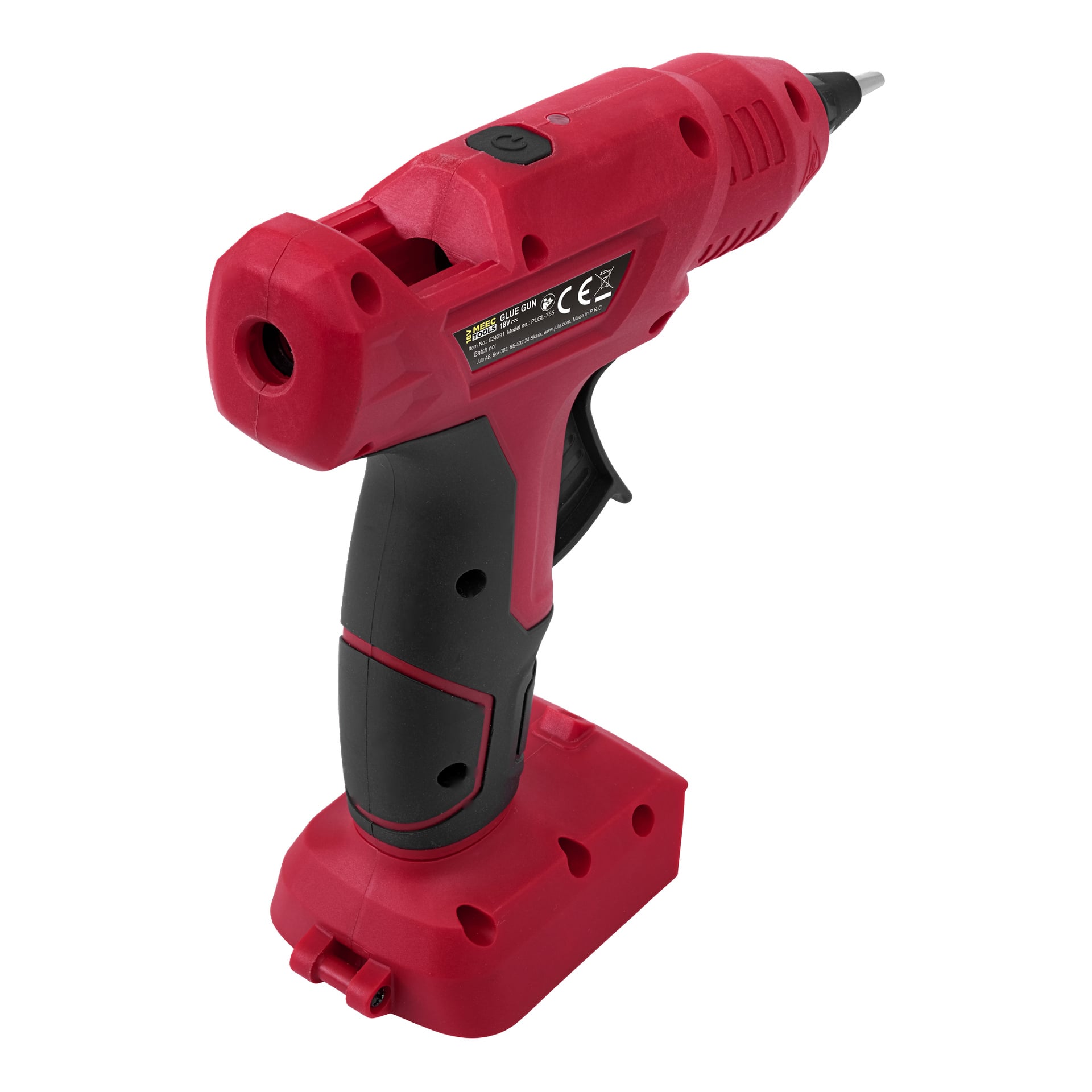 Meec Tools Multiseries Cordless Glue Gun GG 18V-HOME 500 har en röd och svart kropp, ett avtryckarhandtag och ett spetsigt munstycke utformat för noggrann limdosering. Den har en platt bas kompatibel med batterier, märkta sidor och en lättillgänglig strömknapp.