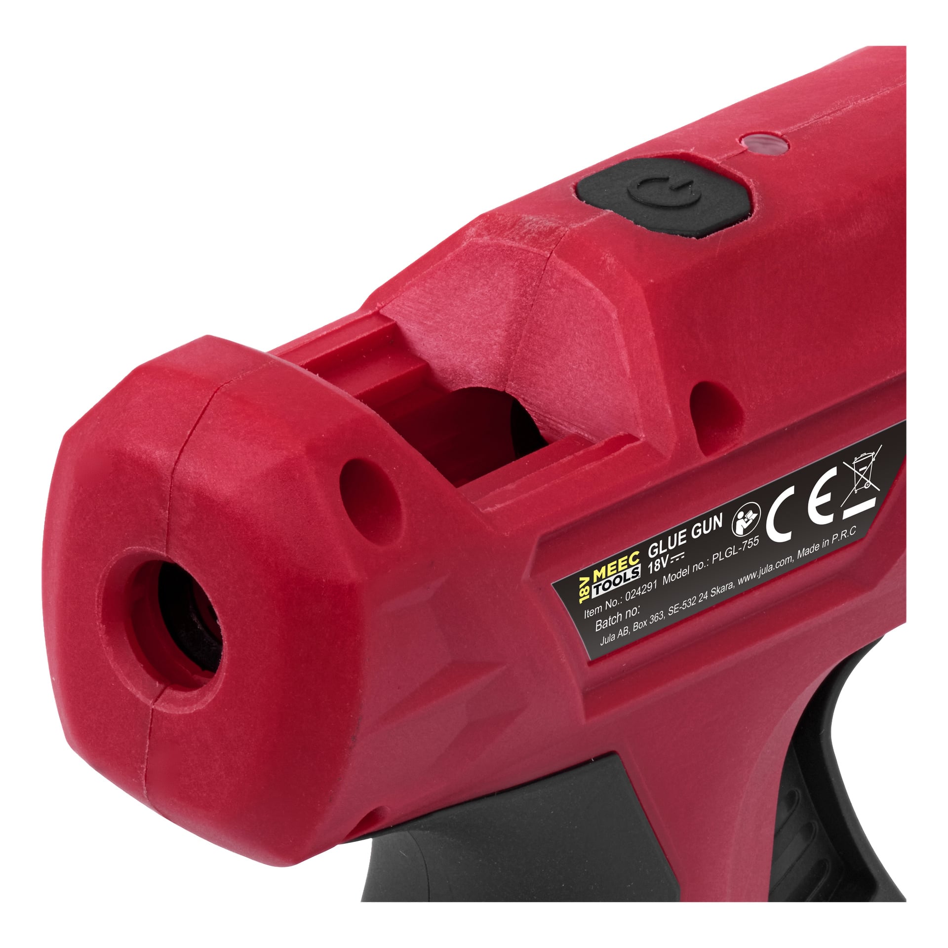 Närbild av munstycket på en röd Meec Tools Multiseries Cordless limpistol GG 18V-HOME 500, med svart avtryckare, synliga säkerhetsmarkeringar och en produktinformationsetikett på sidan.