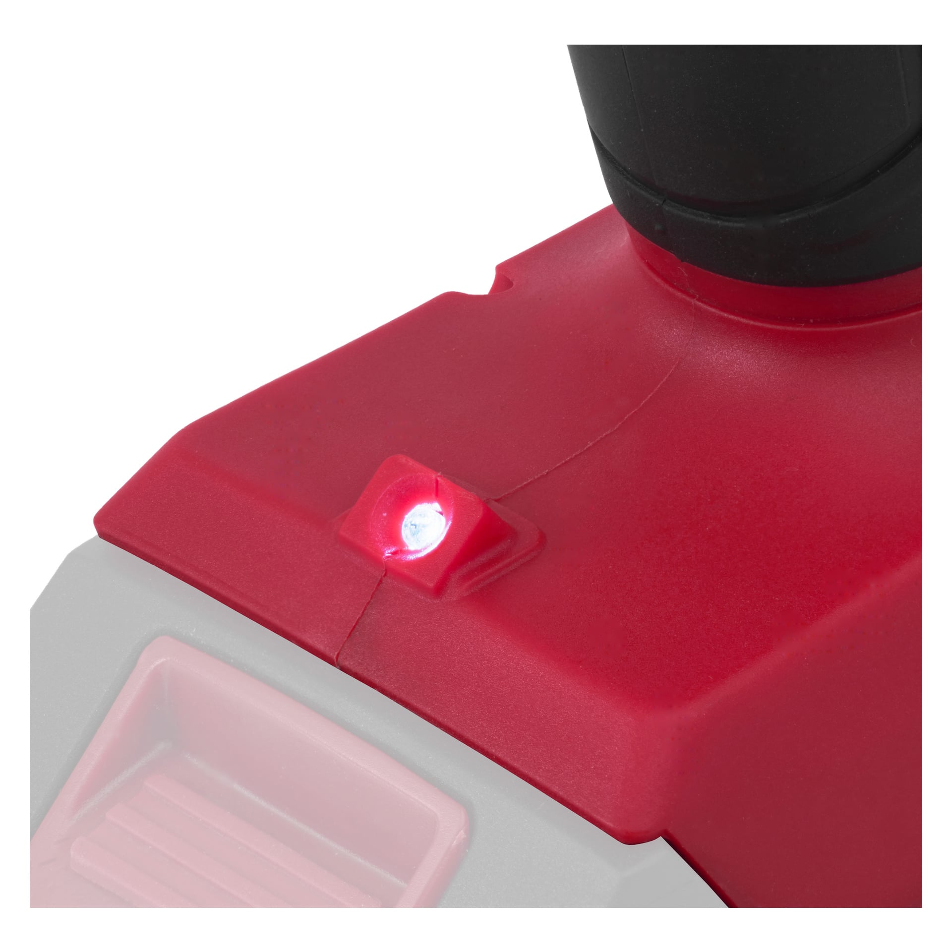 En närbild visar Meec Tools Multiseries Cordless Glue Gun GG 18V-HOME 500, med en liten tänd LED-indikator nära basen bredvid en svart cylindrisk del. Bakgrunden verkar suddig och dämpad i färgen.