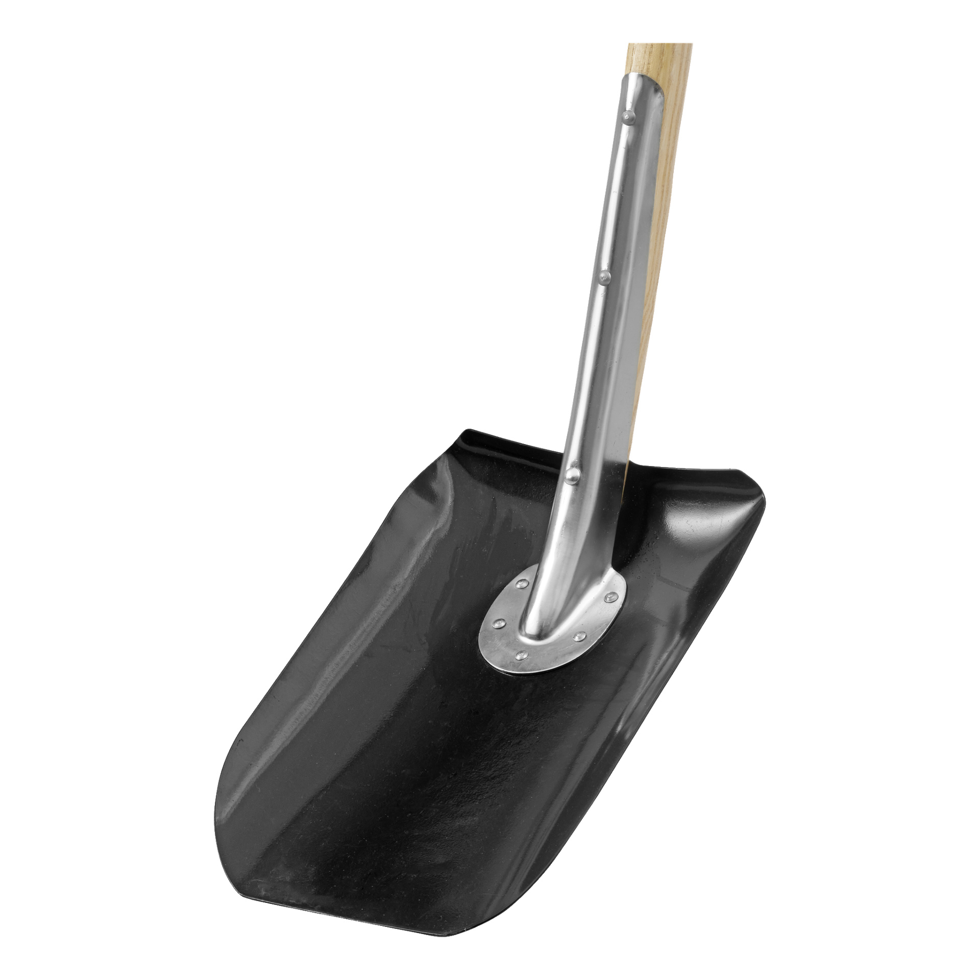 En närbild av Hard Head Building-spaden med ett svart metallblad och ett trähandtag.