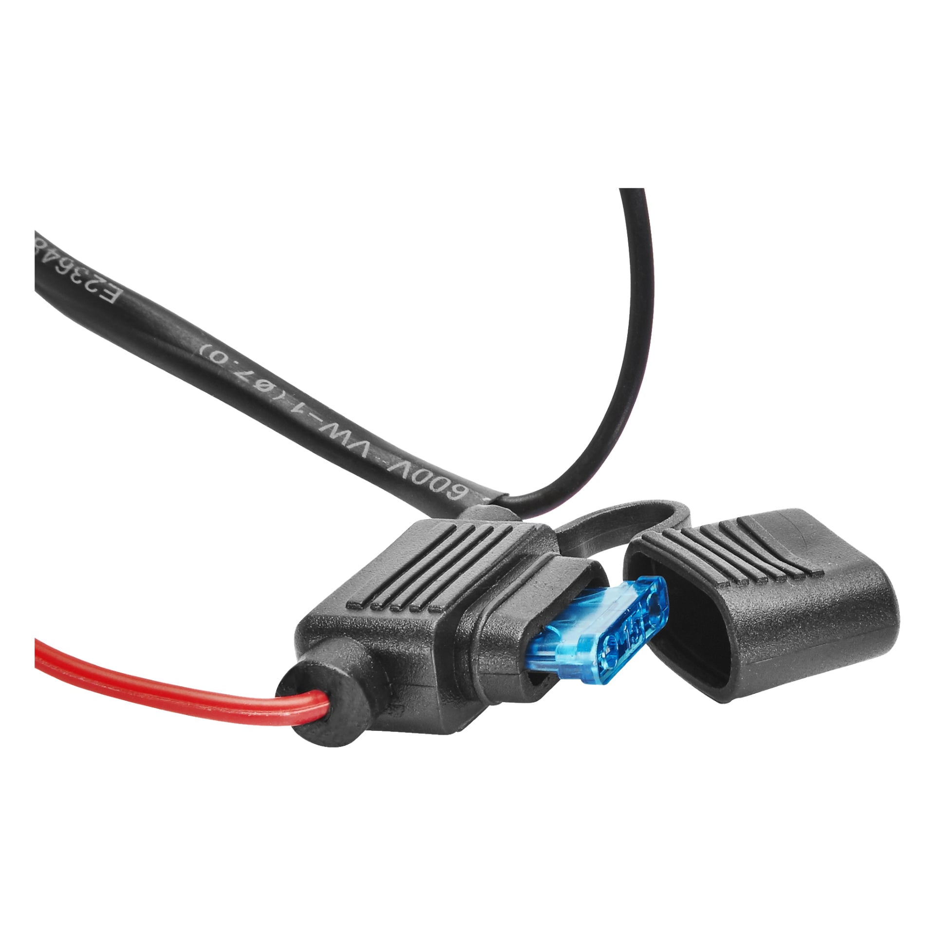 En detaljerad bild av en svart Hamron Cable-kit i rad-säkringshållare med en blå bladsäkring delvis insatt i stubbinen. Ena änden lämnas öppen för att visa säkringen, och röda och svarta kablar sträcker sig från båda sidor. Det gångjärnsförsedda locket fälls upp.