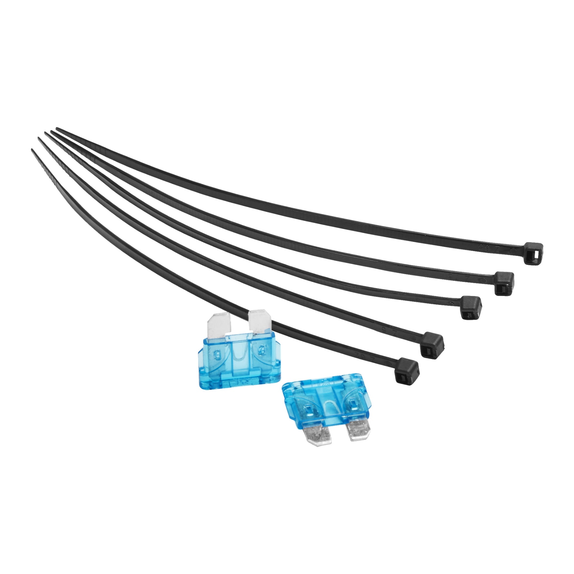Fem svarta plastbuntband från Hamron Cable-kitet är utbredda ovanför två blå bilbladssäkringar.