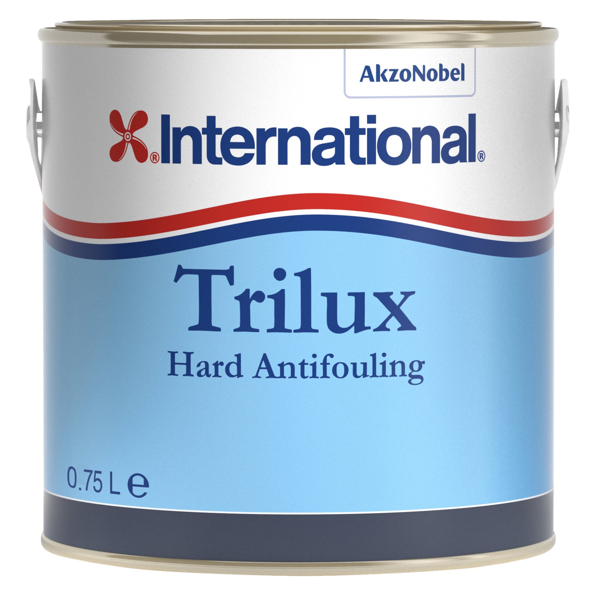 En 0,75-liters metallburk med International Trilux Hard Antifouling-färg, med en blå etikett med röda, vita och blå detaljer samt Internationals logotyp högst upp.