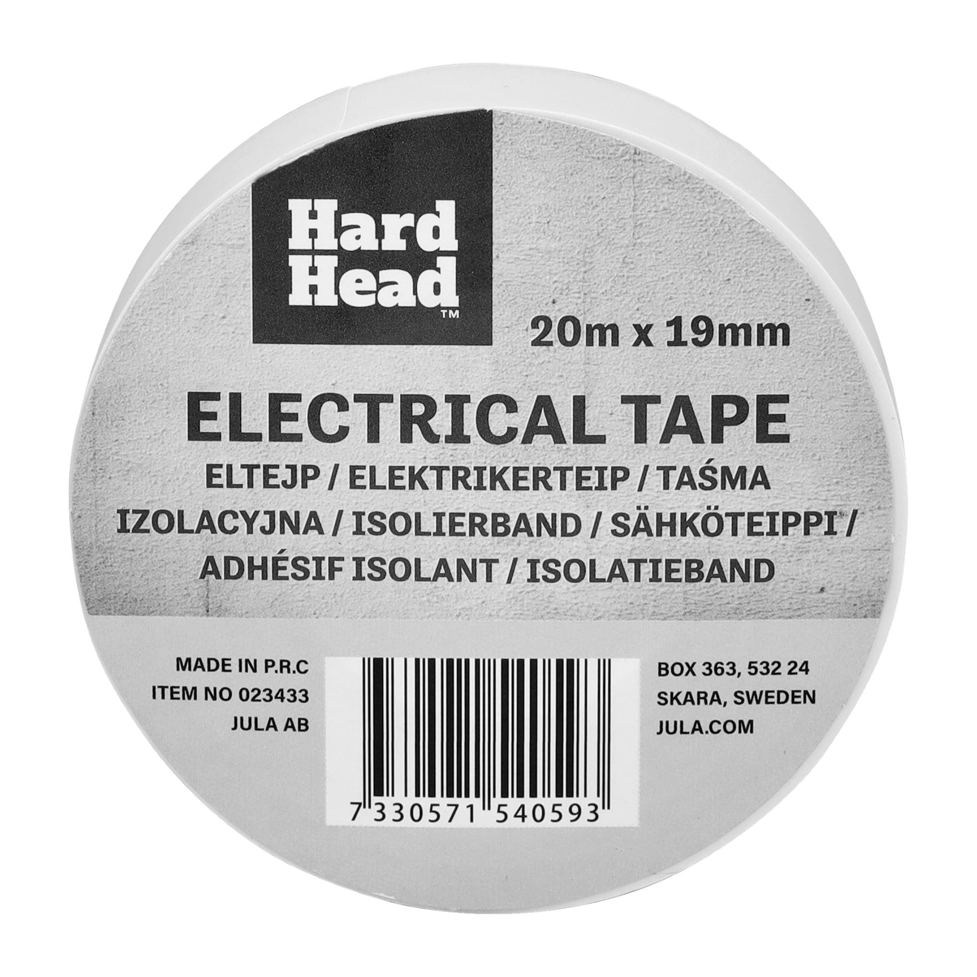 En vit rulle Hard Head isoleringstejp med produktdetaljer på etiketten, inklusive storleken 20m x 19mm, olika översättningar av "isoleringstejp" samt information om tillverkare och streckkod.