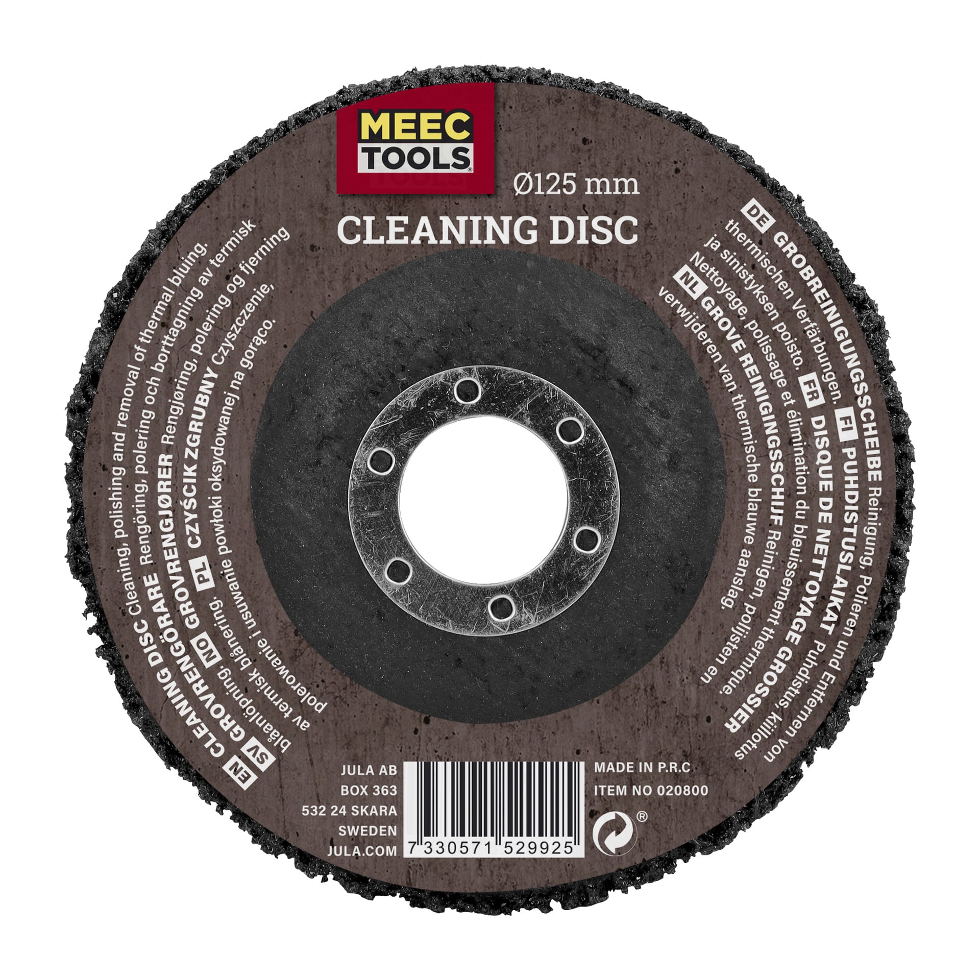 En Meec Tools Heavy Duty Cleaner-skiva, 125 mm i diameter, med en brun etikett med tryckta specifikationer. Skivan har ett centralt hål och tydligt definierade slipande kanter. Markerad som tillverkad i PRC med artikelnummer 02800.