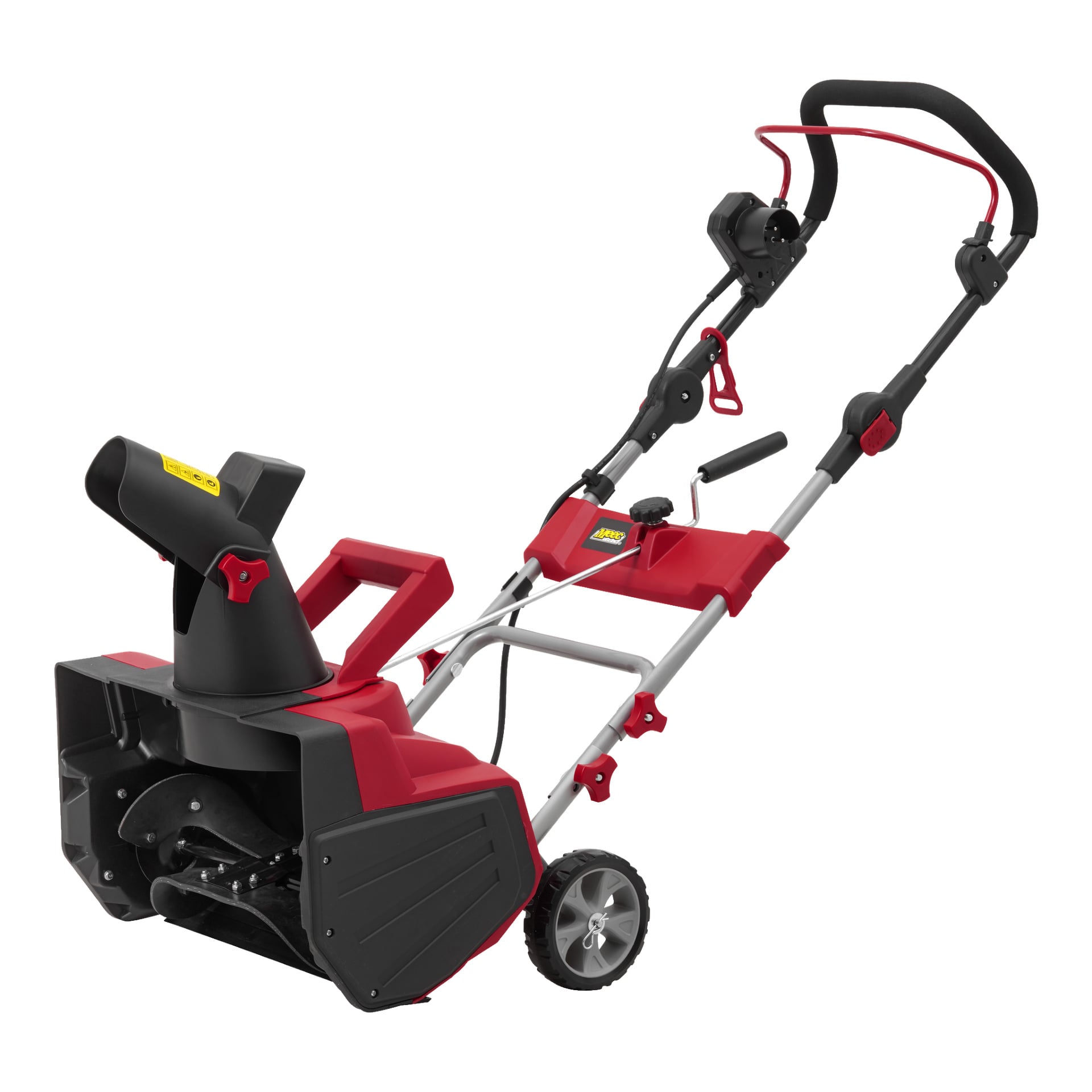 En rød og svart Meec Tools elektrisk snøfreser med håndtak, to hjul, en justerbar renne og en snorholder.