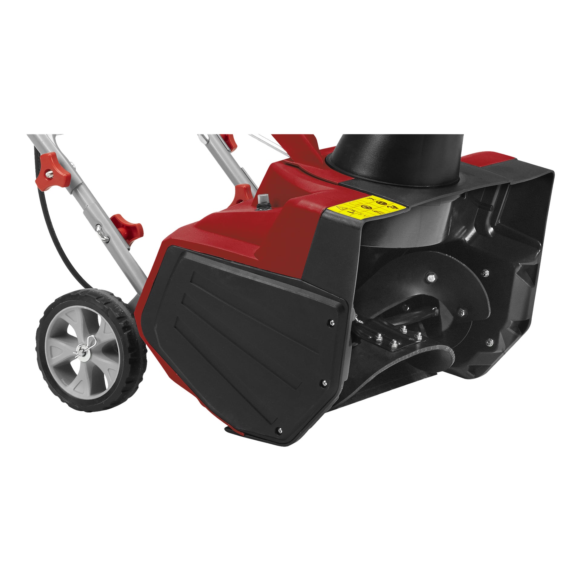 Detaljert bilde av fronten på Meec Tools Electric snøfreser, med den svarte skruen, utløpssjakten, delvis håndtak og et hjul synlig til venstre.