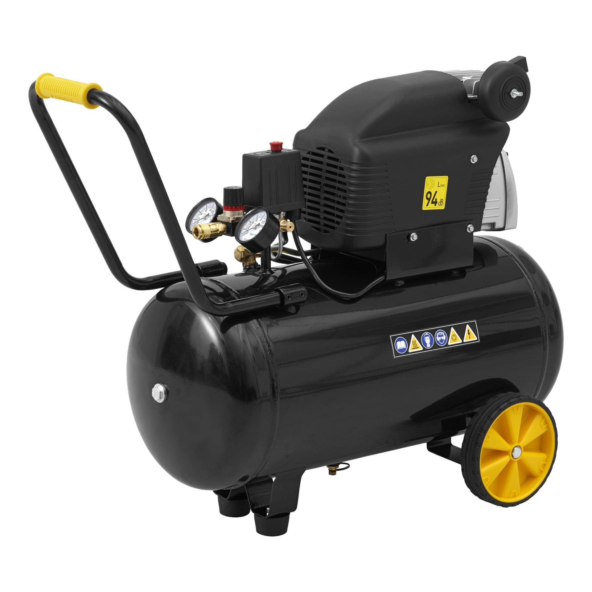 En portabel Stanley Fatmax Compressor D 211/8/50S FATMAX, färdig i svart med två gula hjul, ett par tryckmätare, ett svart motorlock och ett handtag med gula handtag. Säkerhets- och varningsetiketter finns på sidan av tanken.