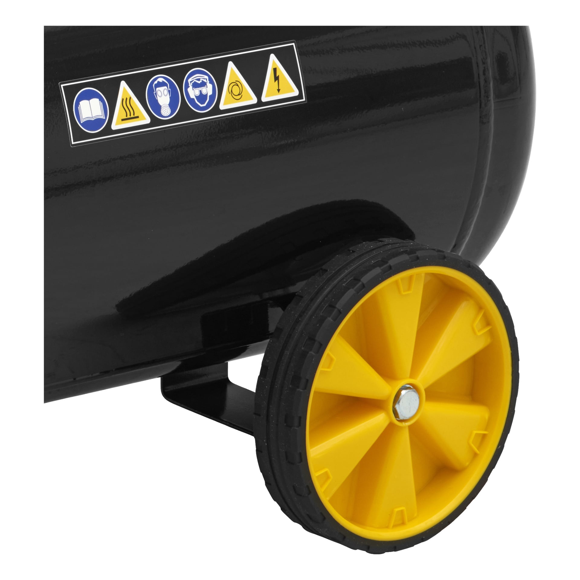Närbild på den svarta Stanley Fatmax Compressor D 211/8/50S FATMAX, med framhävning av dess stora gula hjul och flera varningsetiketter med ikoner som indikerar instruktioner att läsa, värmerisk, användning av skyddsglasögon och mask, allmän försiktighet och elektrisk risk.