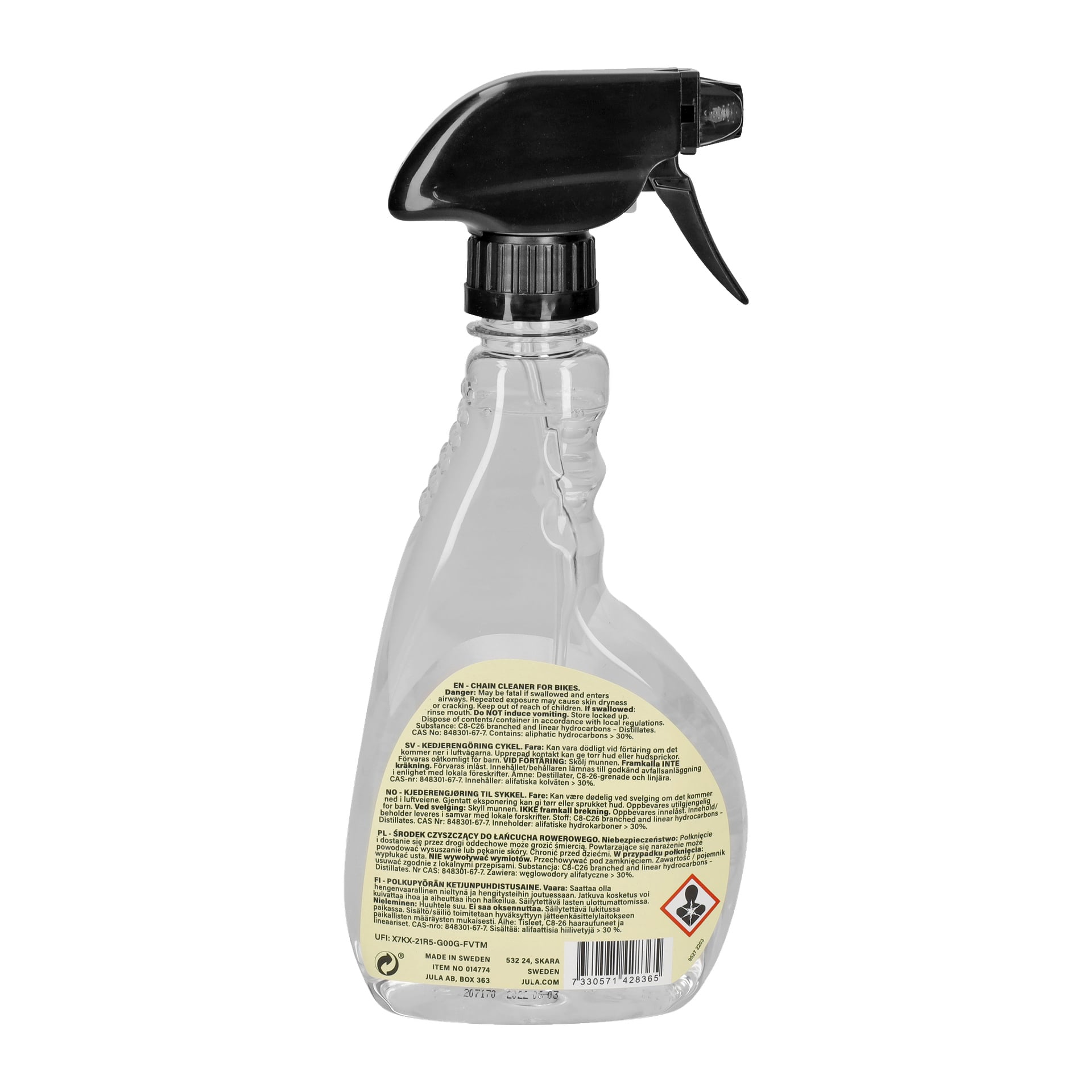 En transparent plastsprayflaska med svart avtryckarmunstycke, med en stor beige etikett som visar säkerhetsinstruktioner och varningsikoner. Etiketten visar märket "Kayoba", specificerar att produkten är en kedjerengörare för cyklar och inkluderar ett varningspiktogram.