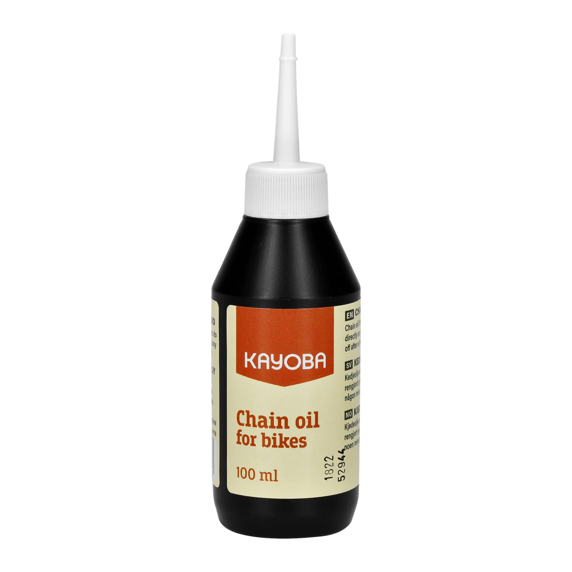 En 100 ml svart plastflaska Kayoba Chain Oil för cyklar, med ett spetsigt munstycke och en beige etikett med produktdetaljer i svart och rött.