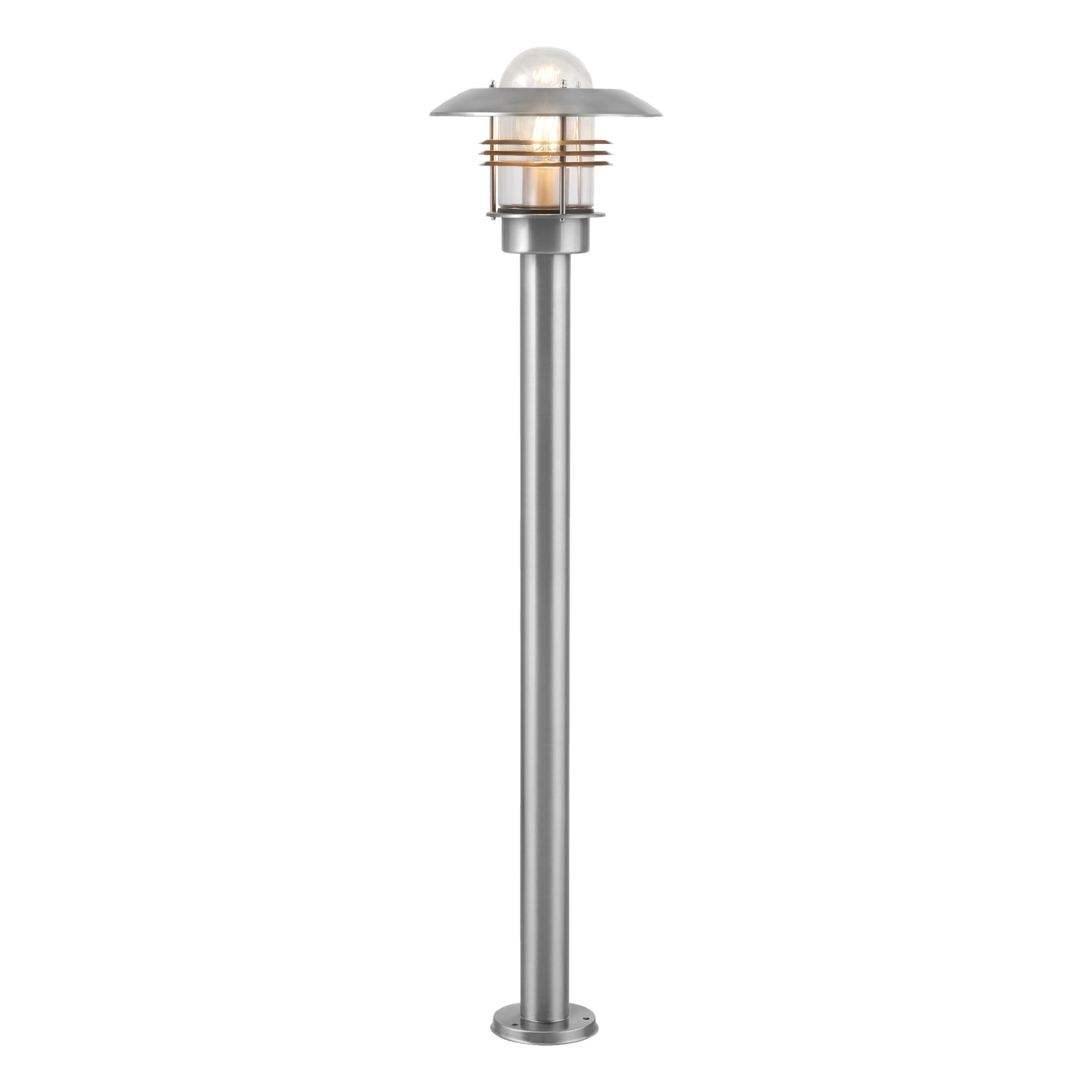 EKVIP-lyktstolpen är en modern utomhusbelysning i metall med en cylindrisk stolpe, kupolformad topp och en exponerad upplyst lampa omgiven av horisontella metallringar inuti ett glashölje.