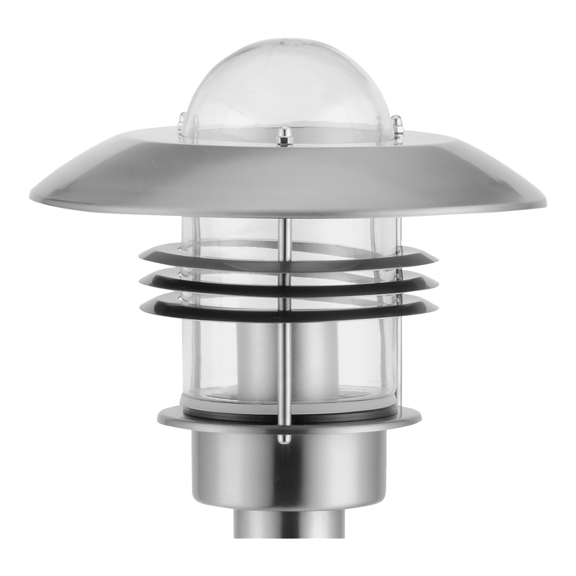 EKVIP-lyktstolpen har ett slankt, modernt utseende med en klar kupoltopp, metallskärm, cirkulära horisontella spjäl och en cylindrisk bas.