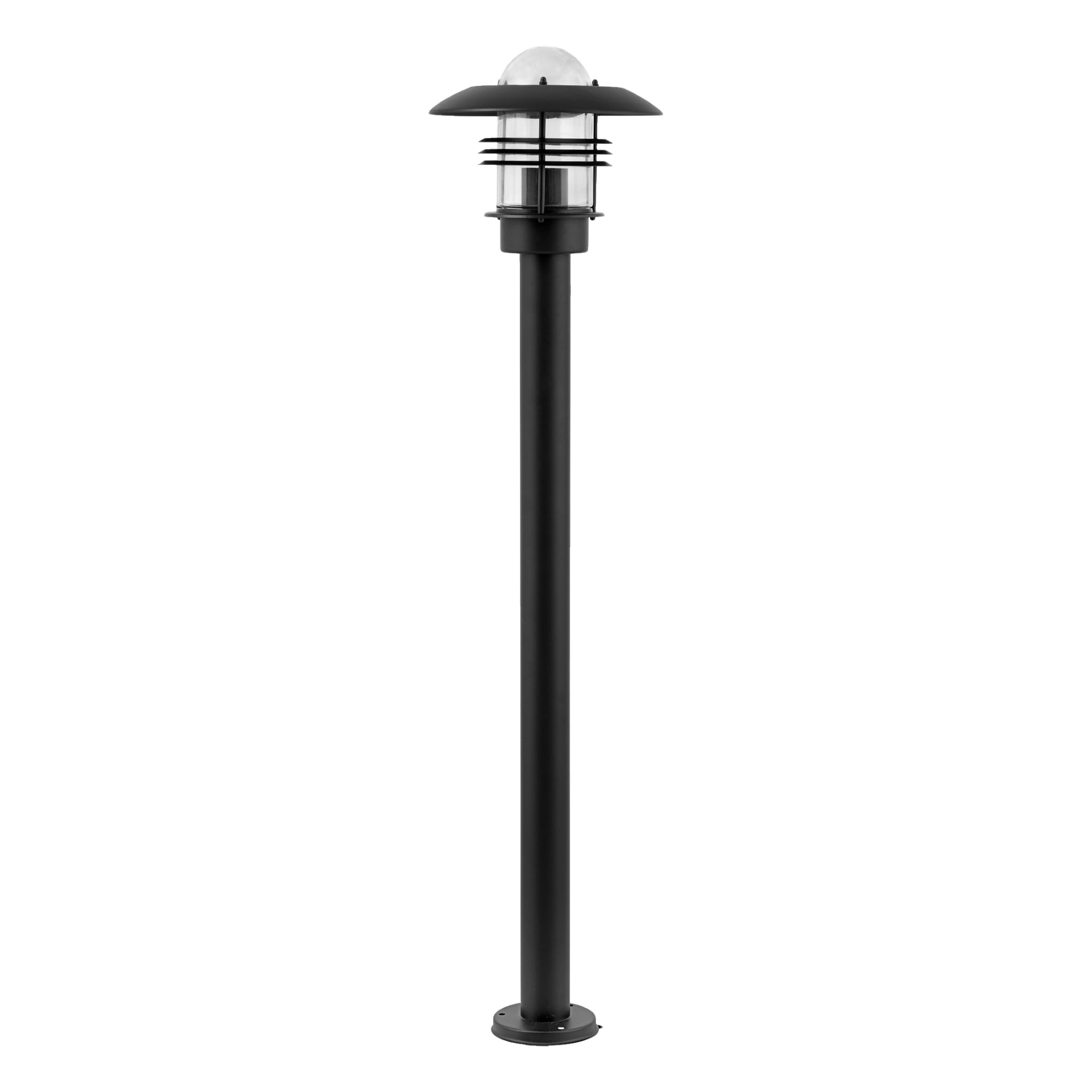 EKVIP-lyktstolpen är en svart pollarliknande utomhuslampa med en cylindrisk stång, rund sockel och kupolformad topp som täcker ett klart glaslamputrymme.