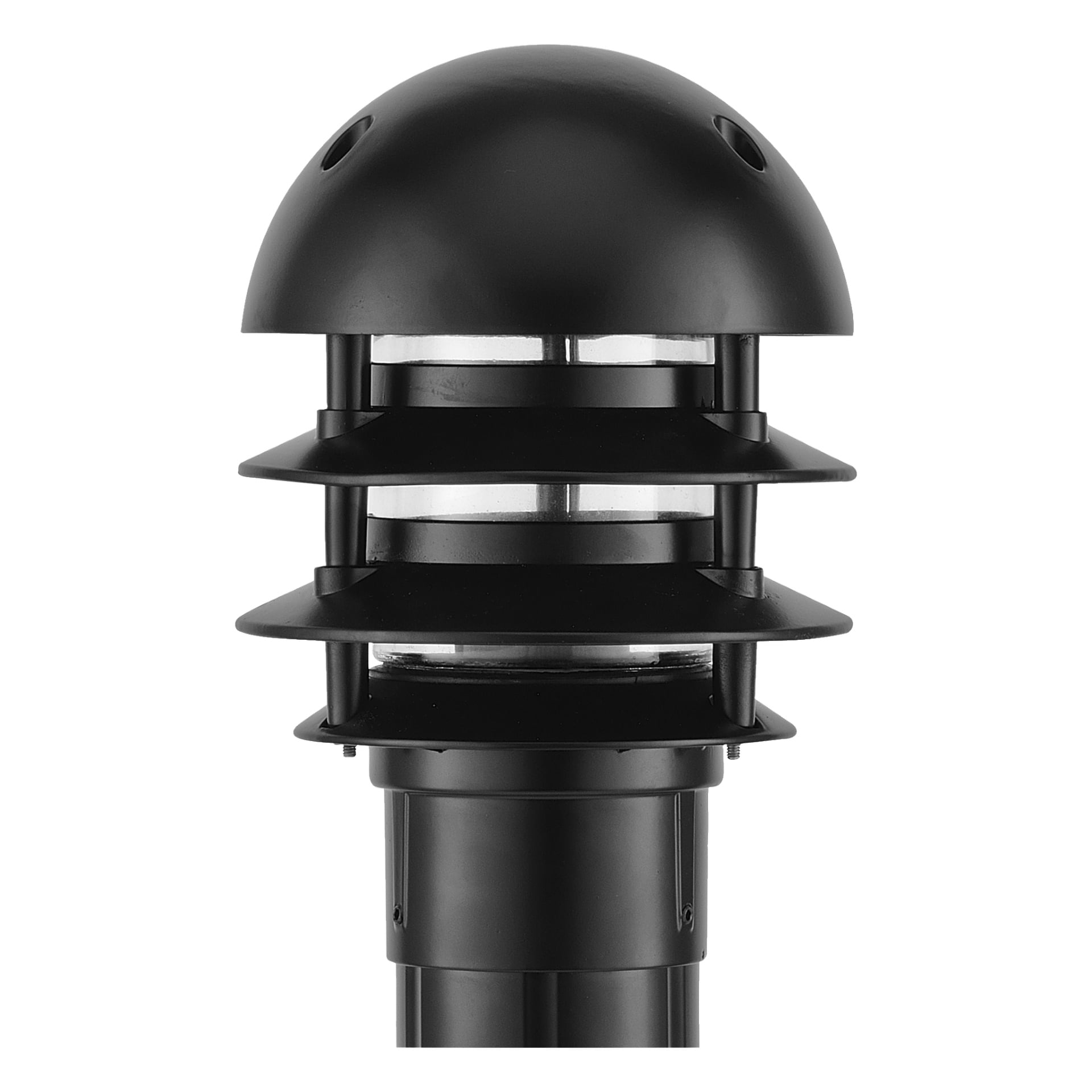 En närbild av EKVIP-lyktstolpen, som visar en svart kupolformad utomhusarmatur med tre horisontella ribbor och en cylindrisk bas.