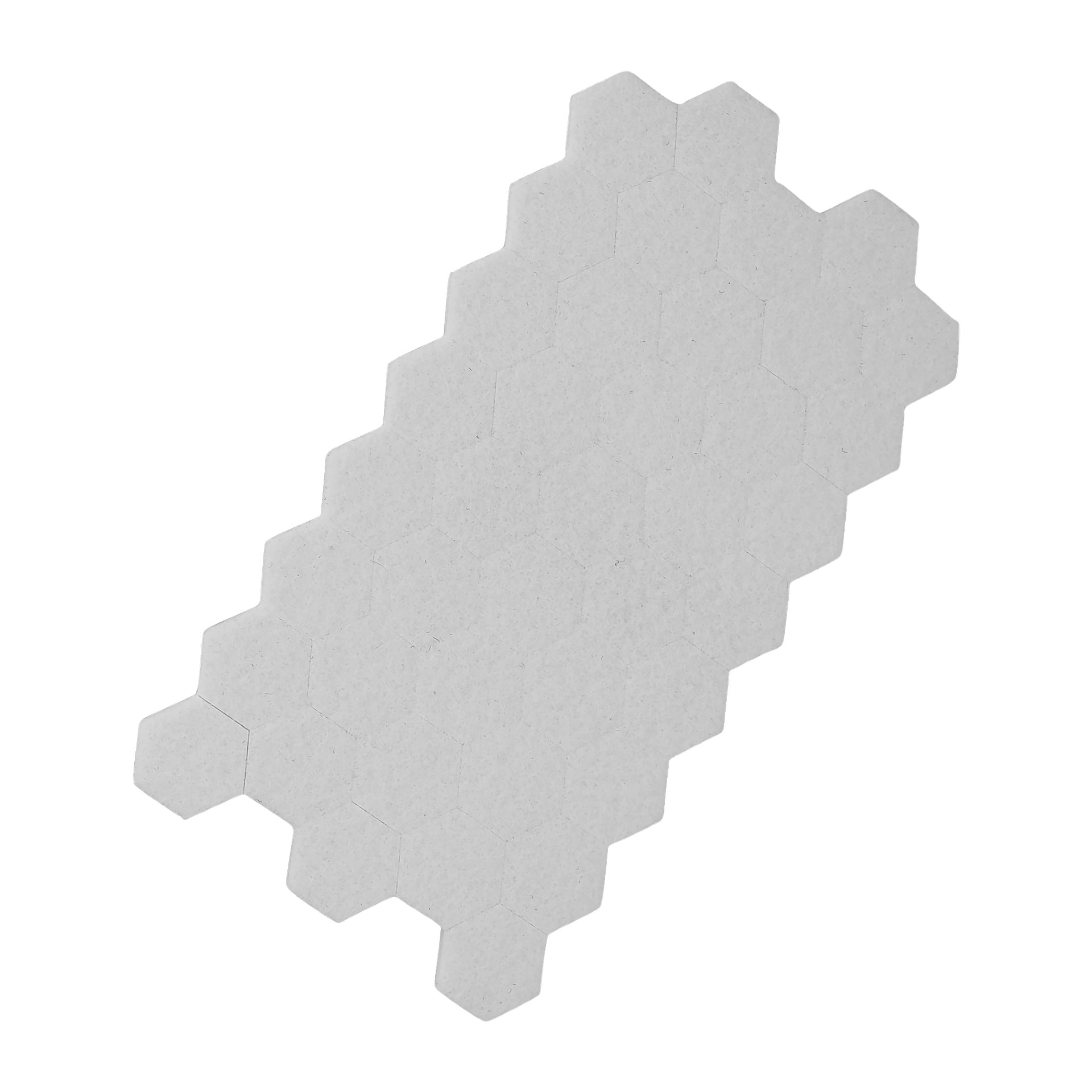 Ett ljusgrått rektangulärt ark från Hard Head Furniture pads 72-packet har ett rutnät av konturerade små hexagoner över ytan, några som sträcker sig till kanterna. Arket visas ur ett översiktsperspektiv i en svag vinkel.