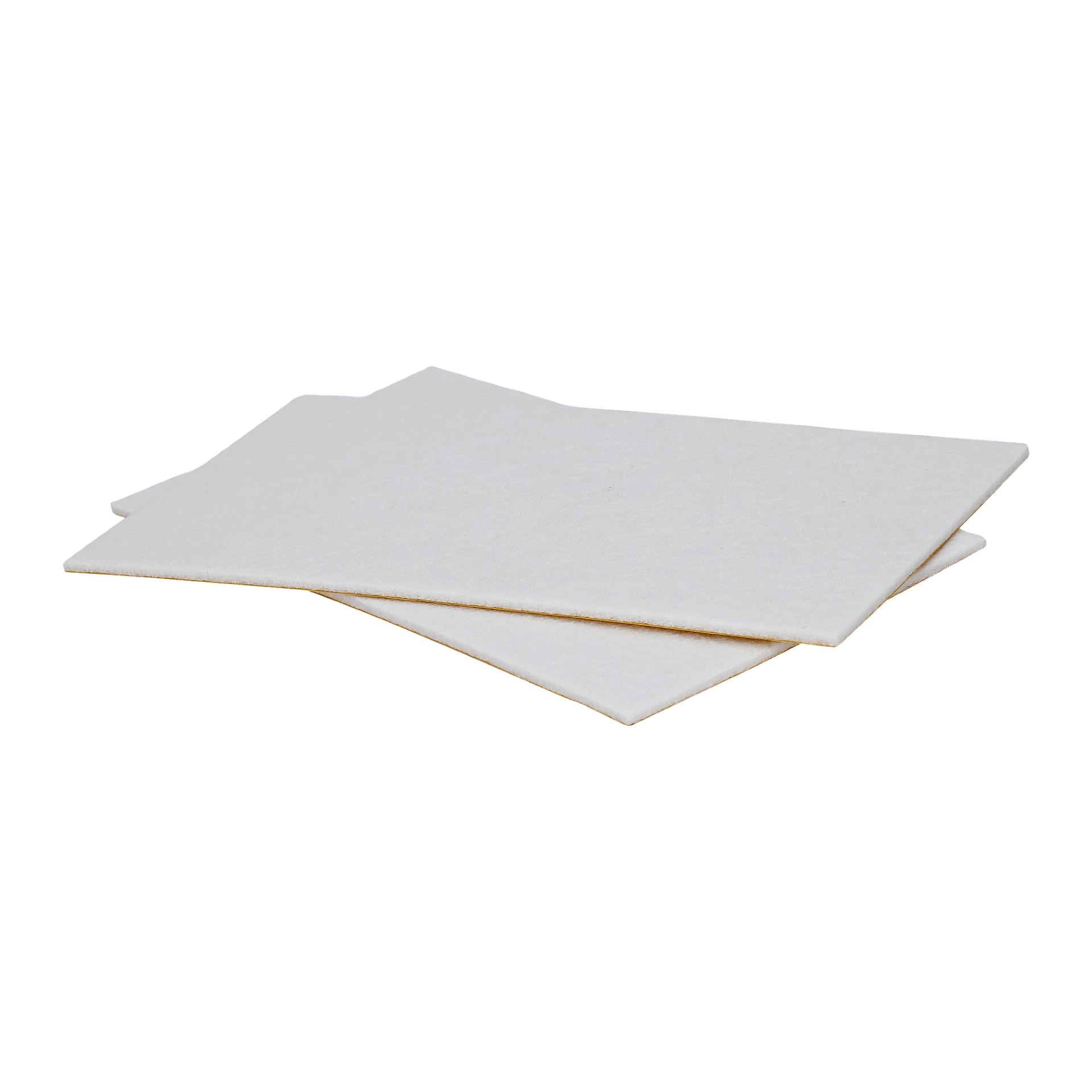 Två rektangulära vita möbeldynor från Hard Head Sheet of Furniture Pads 2 Pack är staplade något snett. Varje pad är tunn, med rundade kanter och en slät, jämn filtyta.