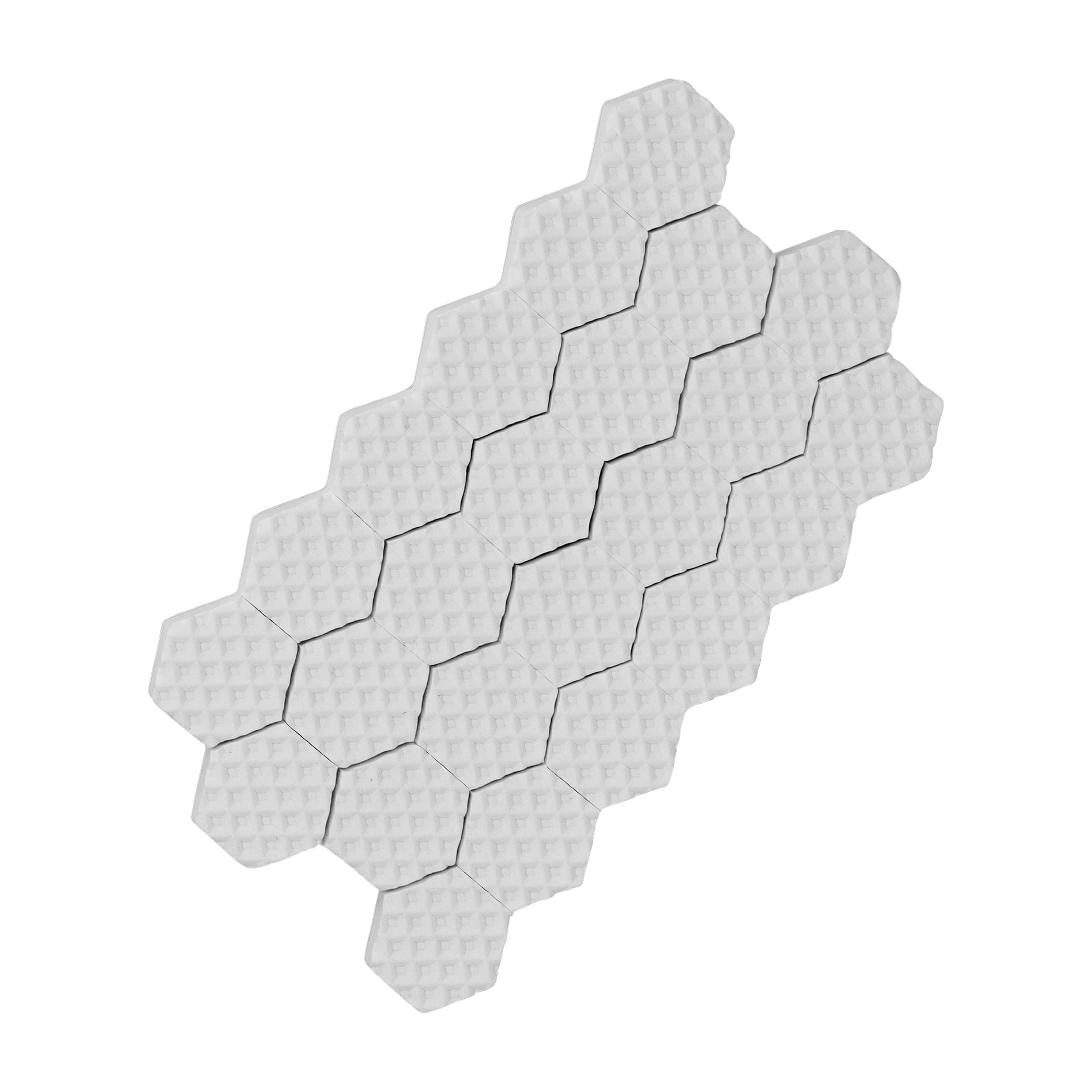 Ett set med Hard Head Furniture Pads i 56-pack, sexkantiga och vita med ett texturerat rutnät, arrangerat i en förskjuten formation.