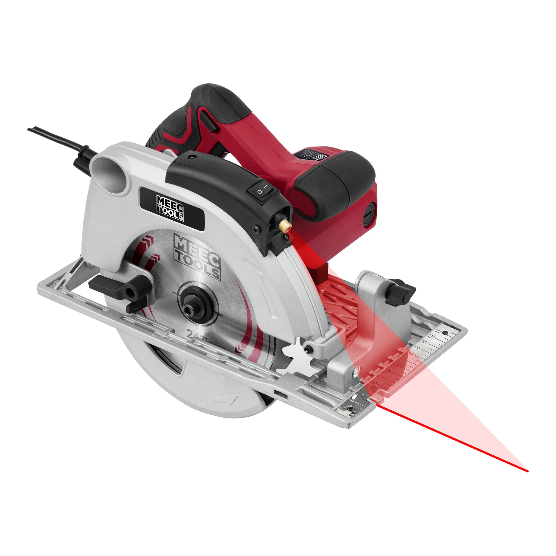 Meec Tools cirkelsåg har ett rött och svart handtag, silverfärgat bladskydd och en laserguide som projicerar en röd linje på ytan.