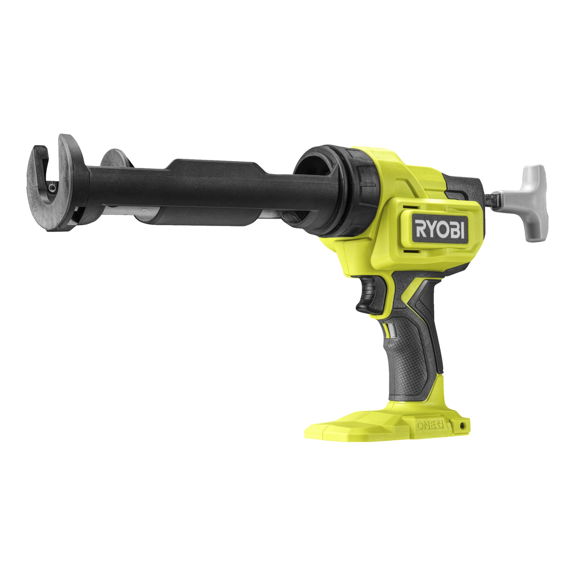 En gul och svart Ryobi One+ batteridriven fogpistol (modell RCG18-0) med pistolgrepp, ett framträdande doseringshuvud och ett batterifack vid basen. Verktyget visas vinklat.