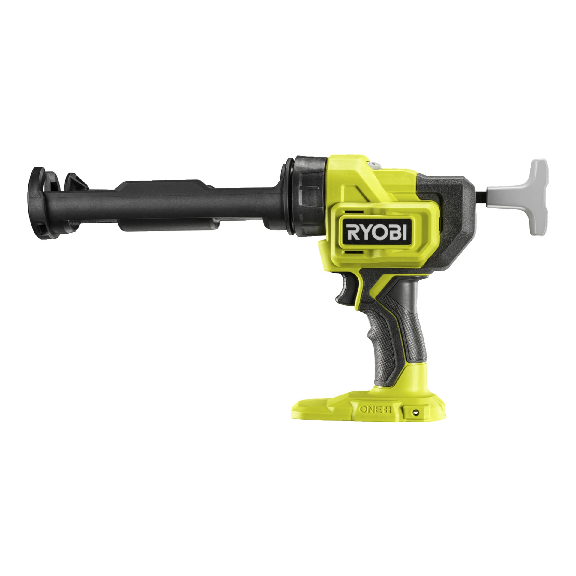 Bilden visar en batteridriven Ryobi One+ fogpistol, modell RCG18-0, i gult och svart. Den har en svart pipa, grå avtryckare och en T-formad metallkolv. Ryobi-logotypen syns på sidan, och det finns en plats för ett batteri vid verktygets bas.