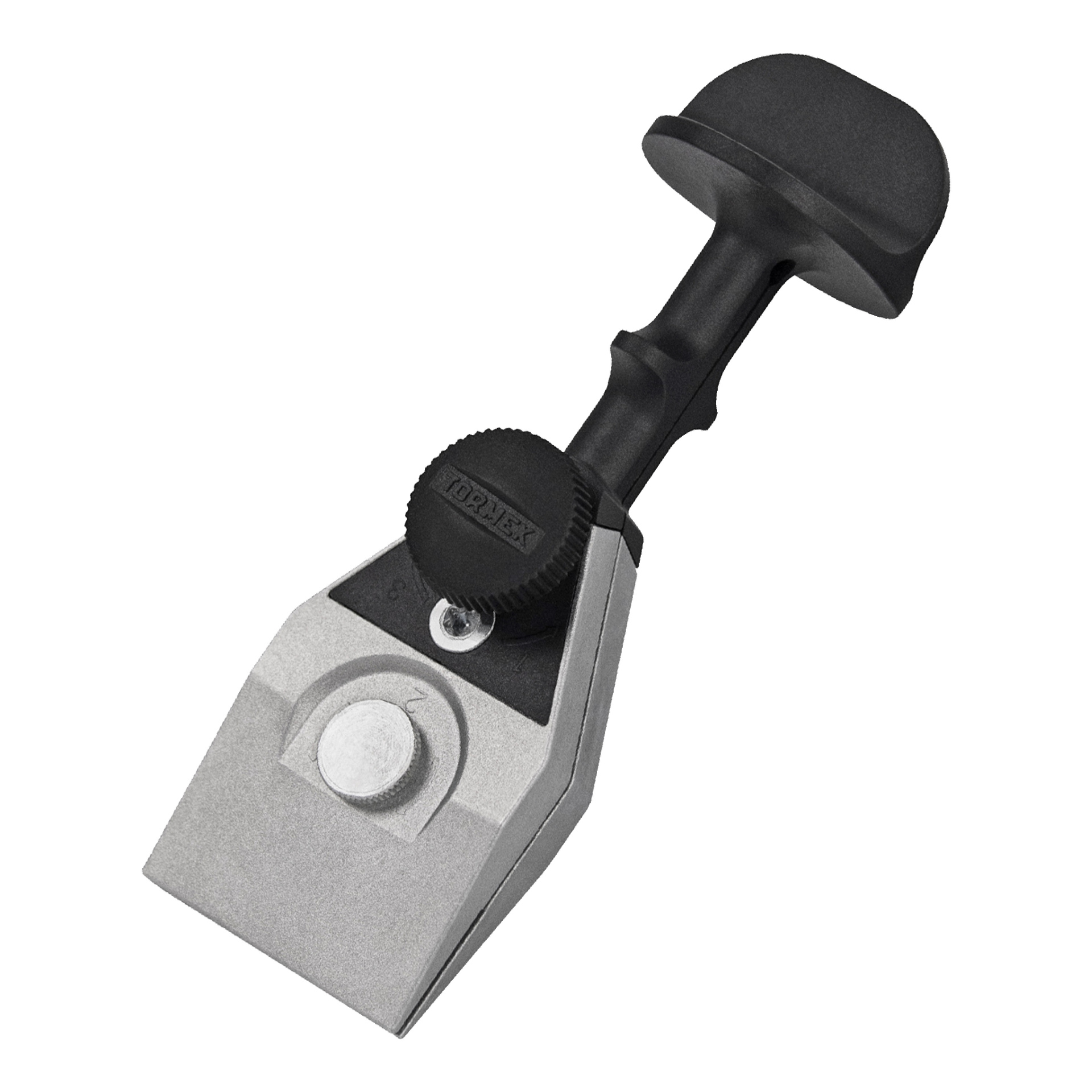 Tormek slipjigg KJ-45 är ett slipverktyg med svart handtag och justeringsratt, som används för att hålla fast och styra mejslar eller blad för noggrann slipning för hand.