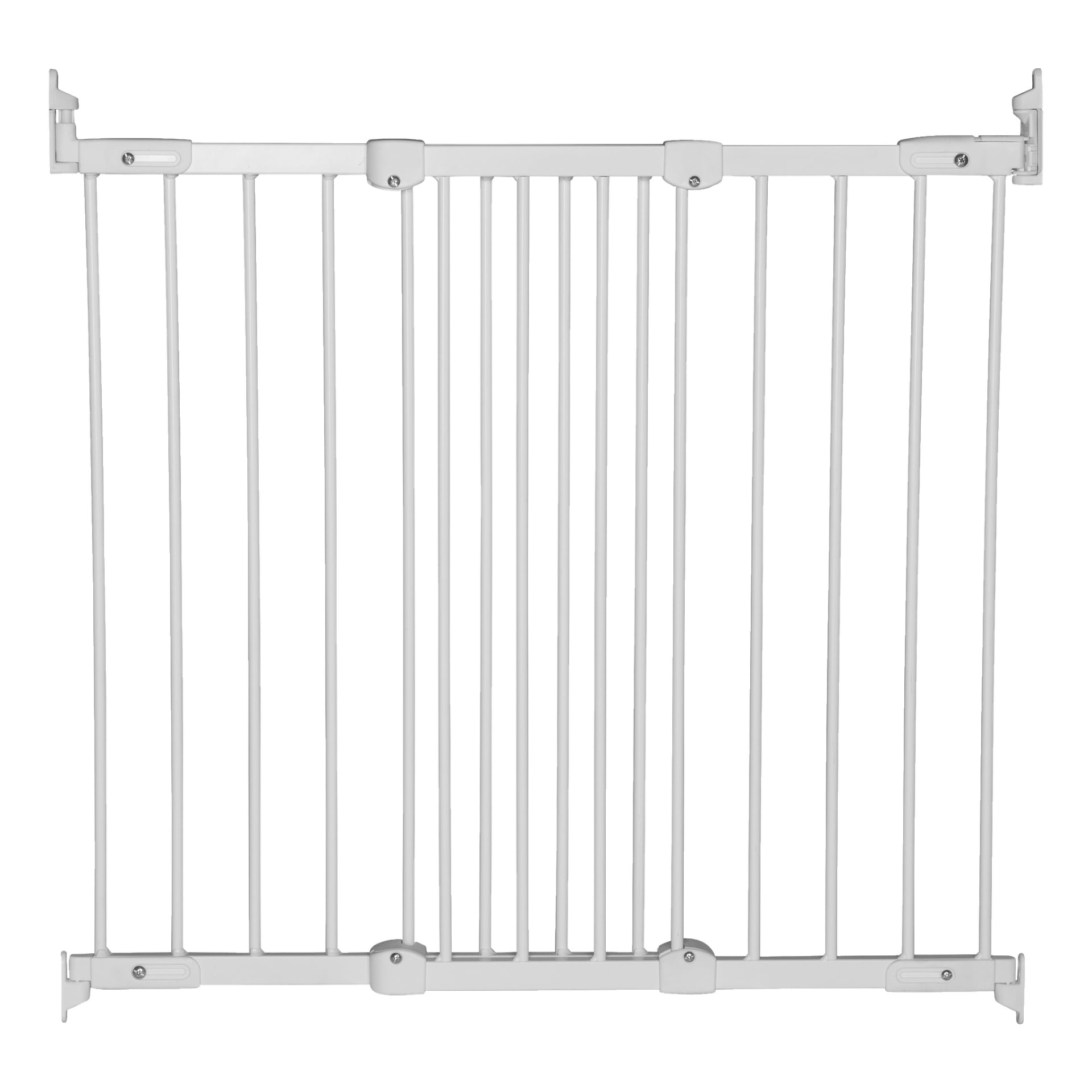 Babydan Children's Gate Ebba är en robust vit metallgrind med vertikala stänger och fästen som fästs i väggen, vilket gör den lämplig för att säkra dörröppningar eller trappor för att skydda barn och husdjur. Den centrala delen av porten öppnas och stängs säkert.