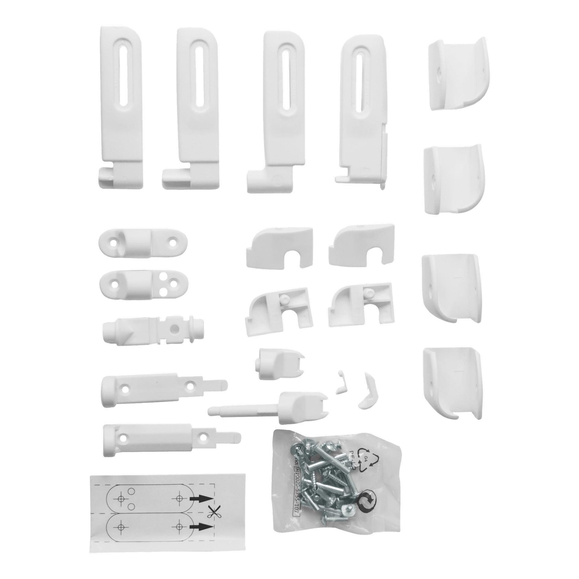 En samling av Babydan Ebba barngrindar, inklusive vita plastfästen och lock, metallskruvar, olika små beslag och ett instruktionsblad.