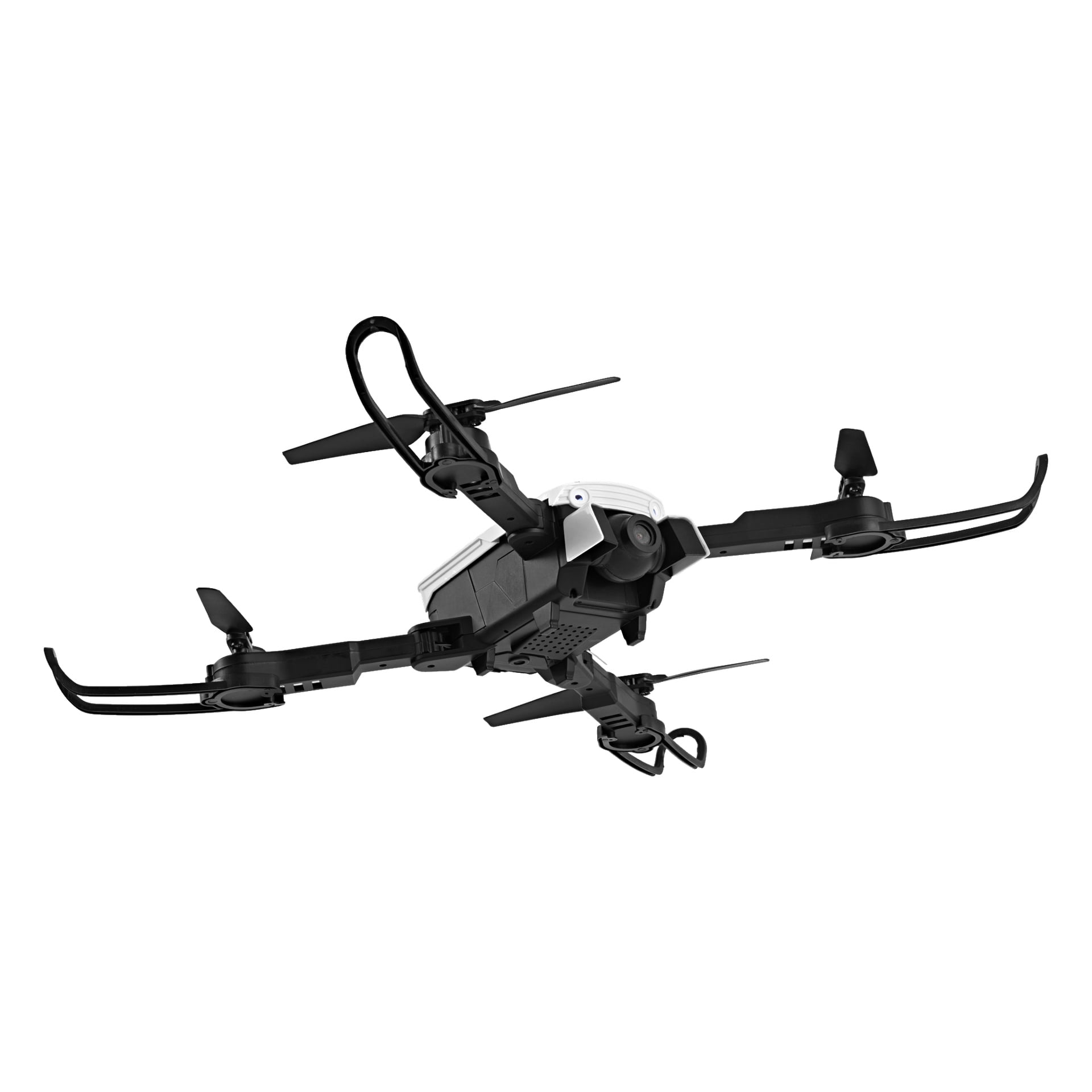 Kayoba Foldable drone, svart-hvit med frontkamera, flyr i en vinkel med propellene og landingsutstyret synlig.