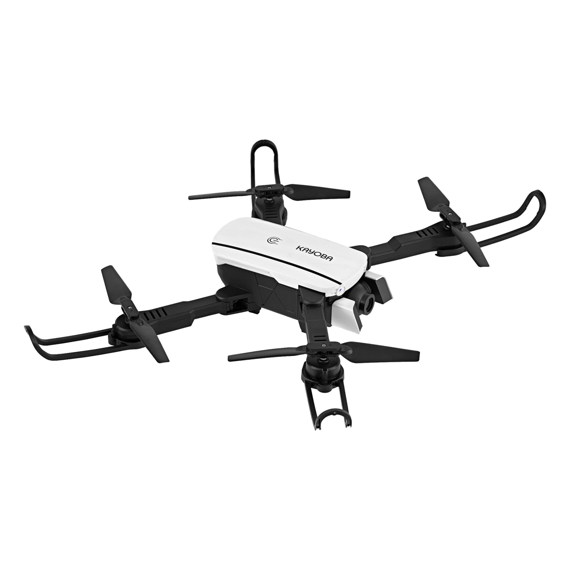 En hvit Kayoba sammenleggbar drone med fire svarte propeller og et frontkamera, armene strukket utover.