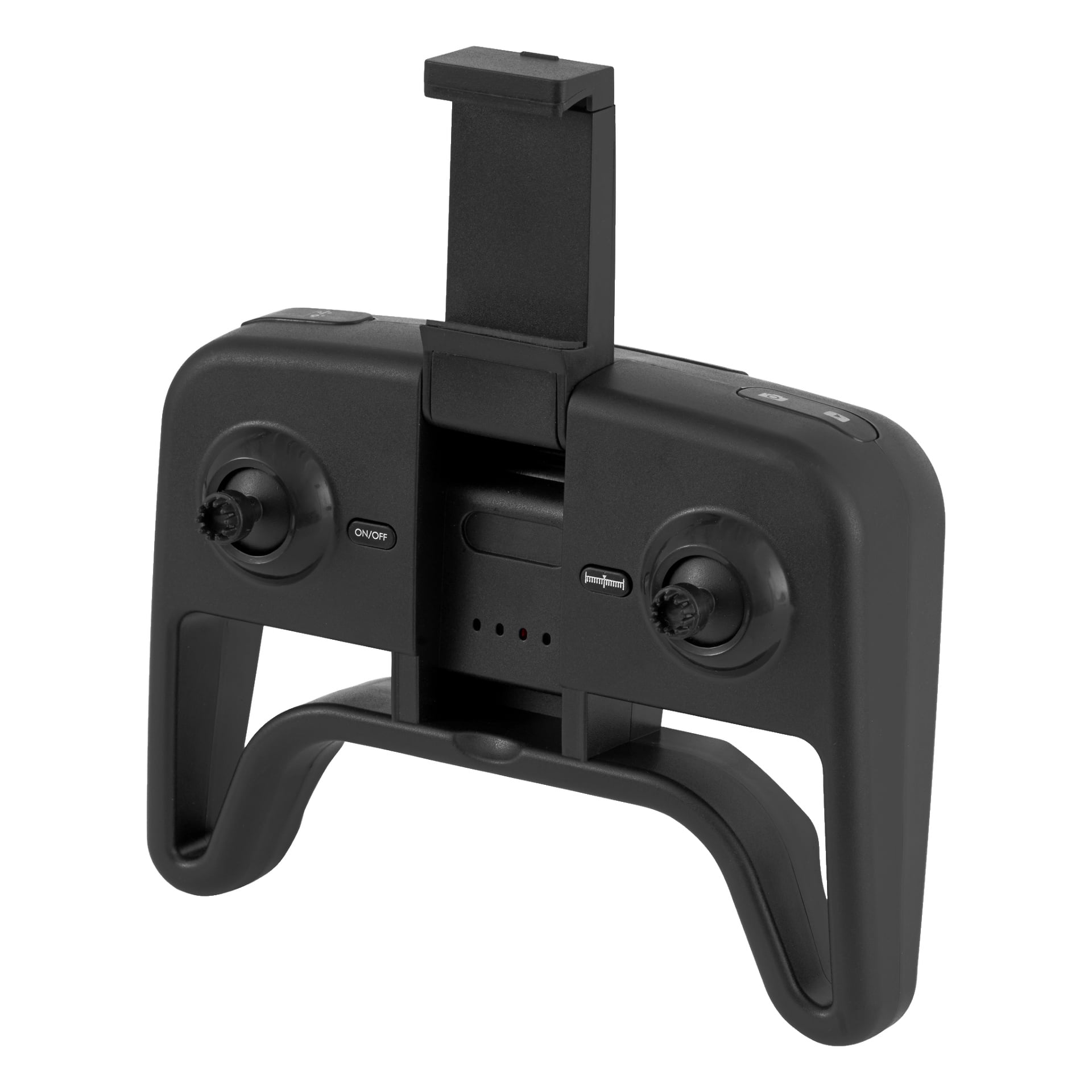 Kayoba Foldable-dronen leveres med en svart fjernkontroll som har to joysticks, en av/på-knapp, indikatorlys og en telefonholder plassert oppreist i midten.