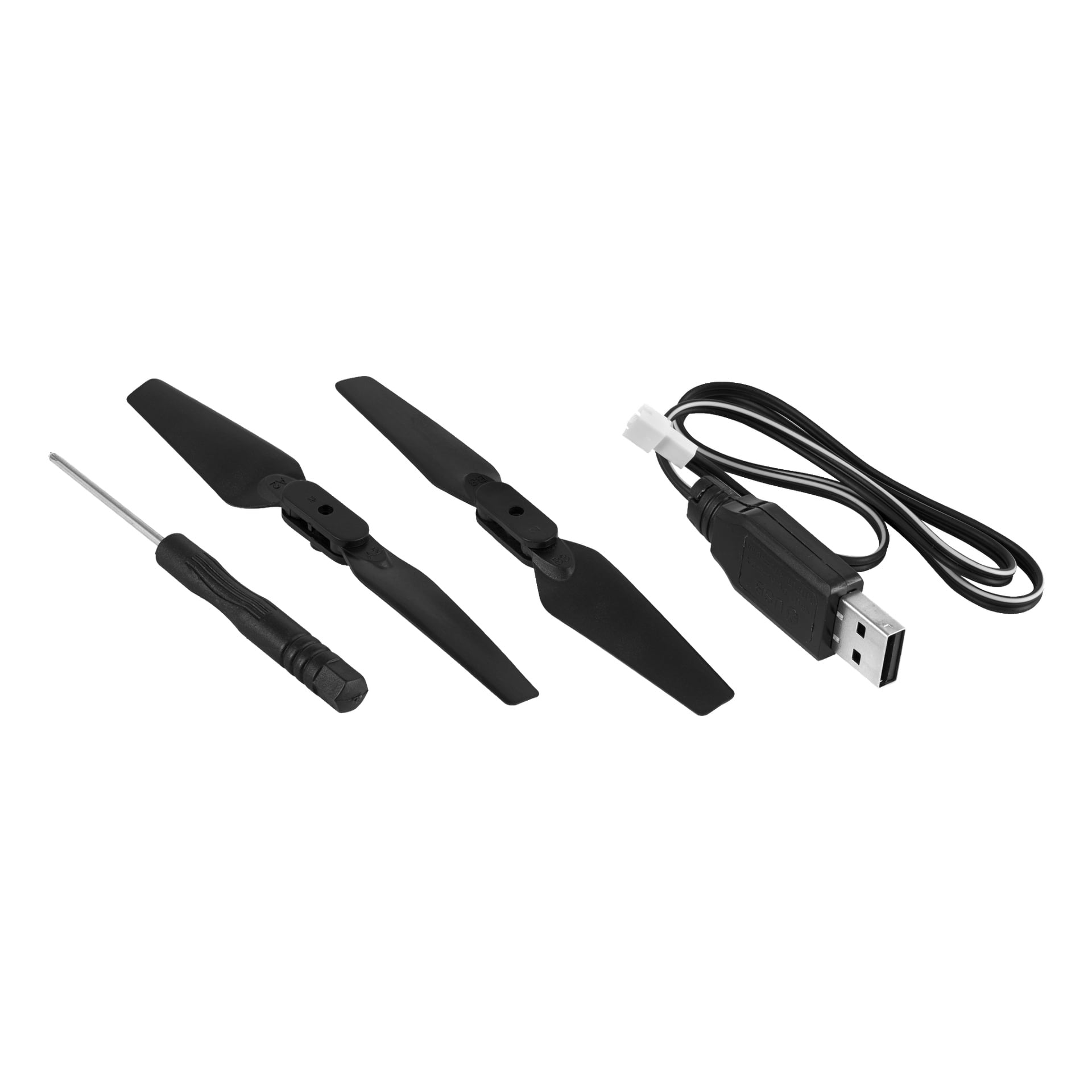 Den sammenleggbare dronen fra Kayoba leveres med en liten skrutrekker, to svarte propellblader og en USB-ladekabel med hvit kontakt, alt plassert side om side.