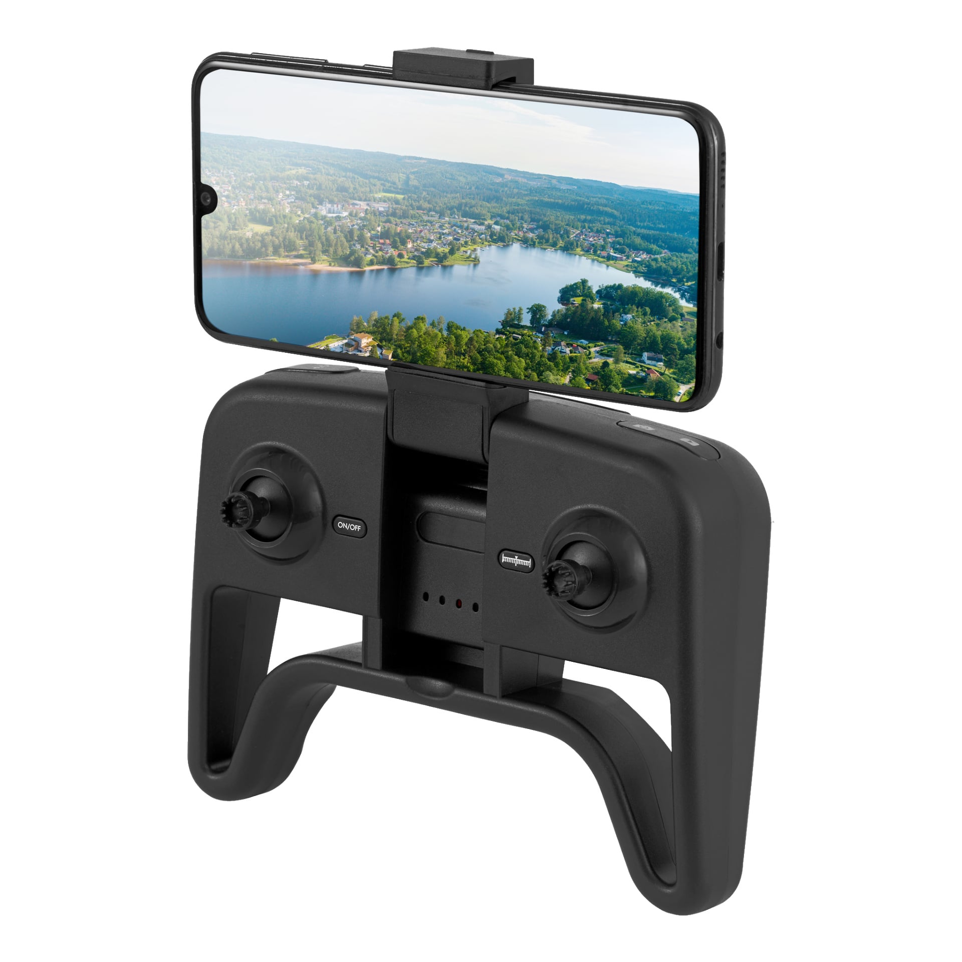 En svart Kayoba Foldable drone-fjernkontroll med to joysticks og knapper holder en smarttelefon som viser et luftbilde av skog, vann og bygninger.
