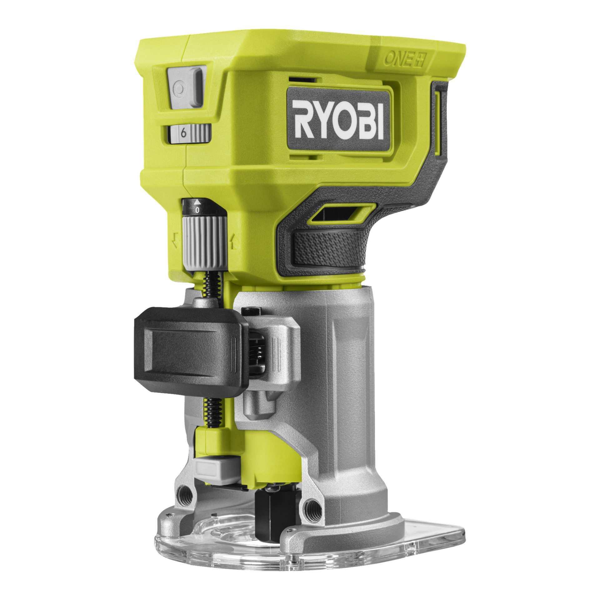 Ryobi One+ Router RTR18-0 sladdlös handhållen router i grönt och grått, med justeringsrattar, ett texturerat ventilerat grepp och en transparent bas designad för precisa träarbeten.